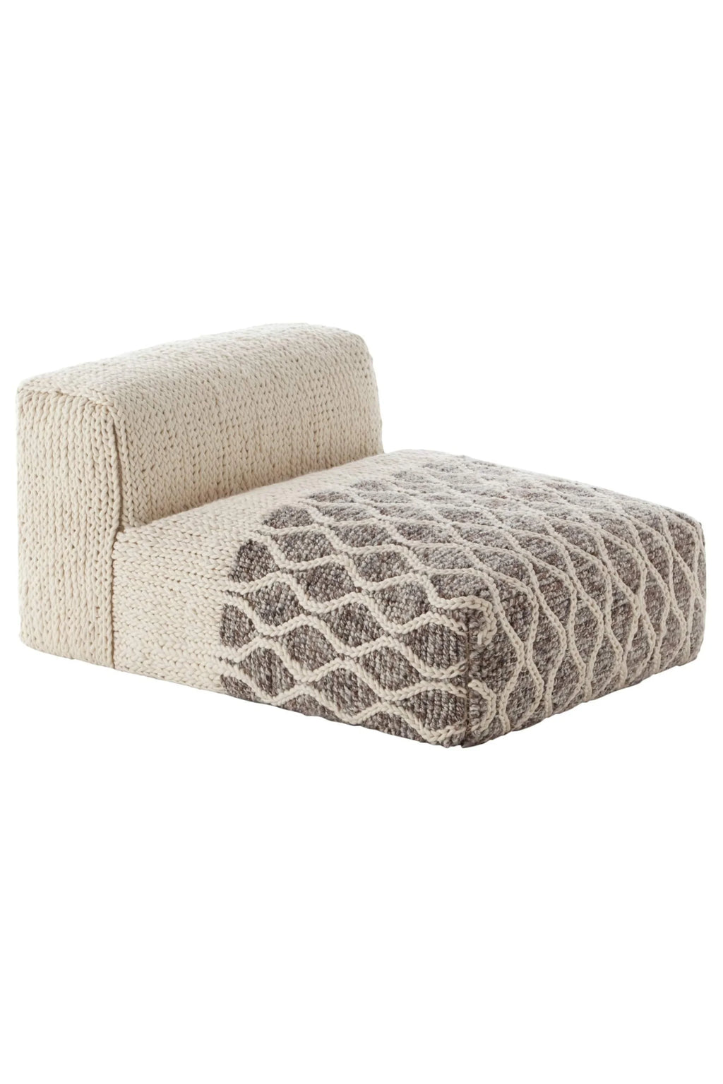 GAN Rugs Mangas Space Rhombus Lounge, a cozy modular lounge chair featuring a chunky knitted wool upholstery in an organic modern style. The backrest is cream-colored, while the plush seat features a mottled grey and brown knit with a distinctive cream rhombus pattern, offering a soft, textured feel. This low-profile knitted sofa is perfect for contemporary living rooms, minimalist bedrooms, or as a cozy accent in a reading nook.
