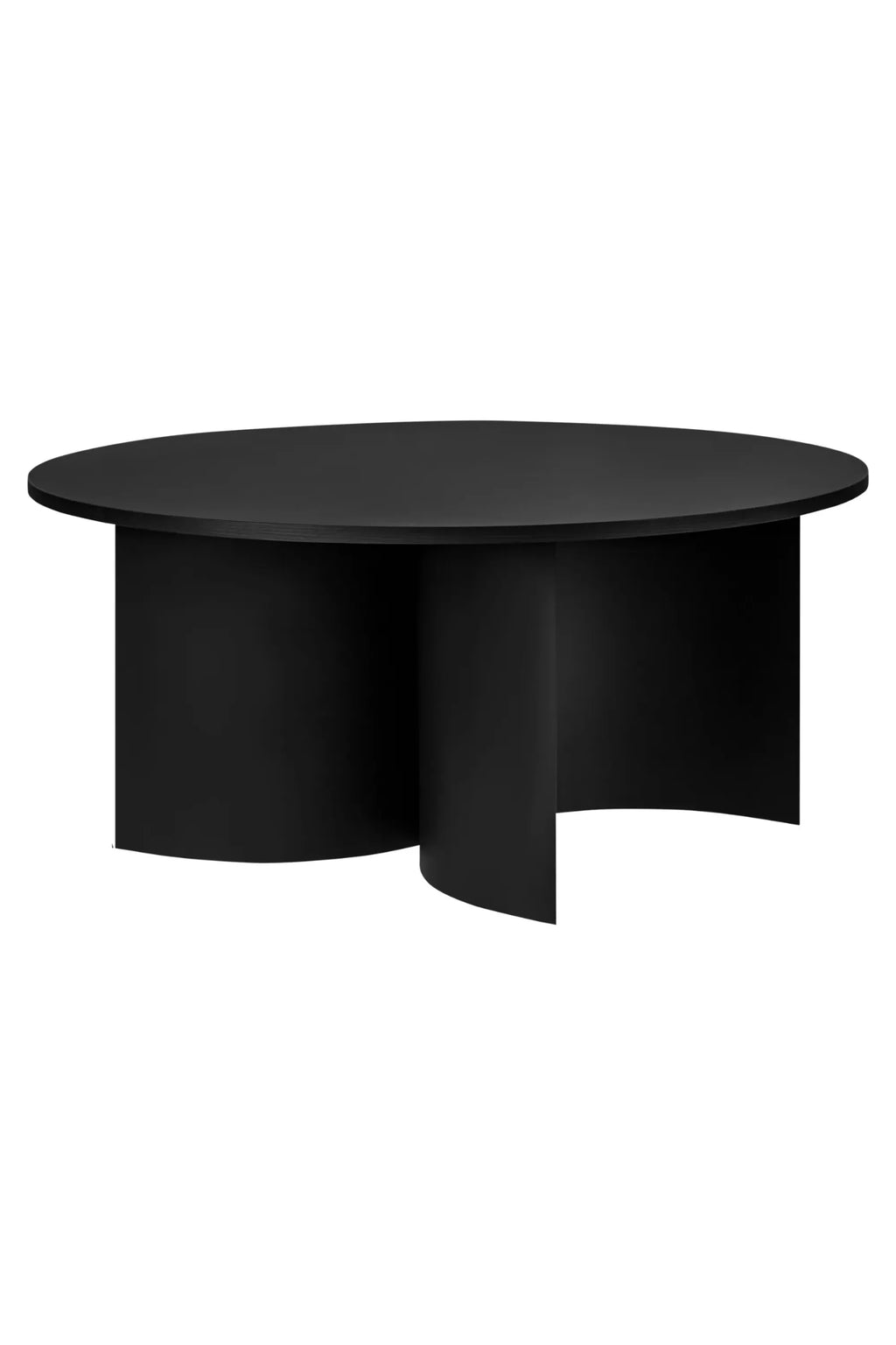 noo.ma Gavo Coffee Table, a sleek oval coffee table featuring a sculptural geometric base composed of three intersecting curved panels, all finished in a rich matte black wood. This modern minimalist design offers a smooth, contemporary aesthetic, creating a bold statement piece. Ideal for living rooms, lounge areas, or contemporary interiors.
