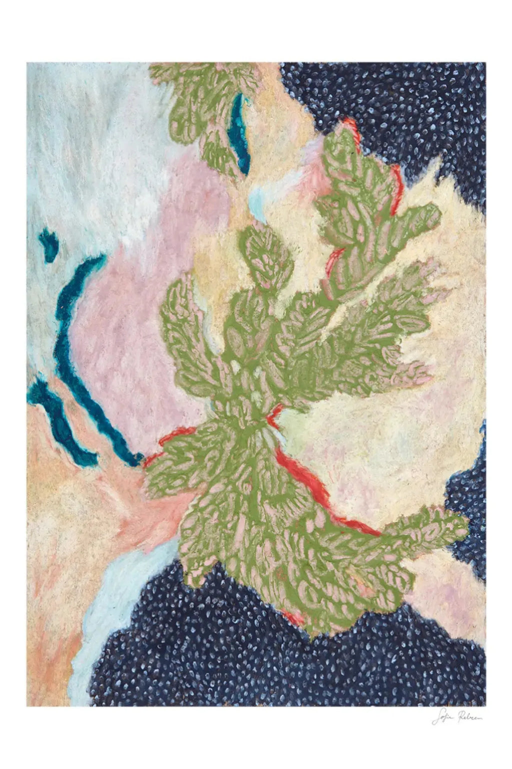 The Poster Club Little Green, an abstract art print featuring a central organic, plant-like form in light green with subtle pink undertones, surrounded by soft washes of pale pink and peach, and striking dark navy areas with a stippled texture. Deep teal and red accents add dynamic contrast and a painterly feel to this contemporary textural artwork. Ideal for adding a touch of organic modern wall art to living rooms, bedrooms, or gallery walls.