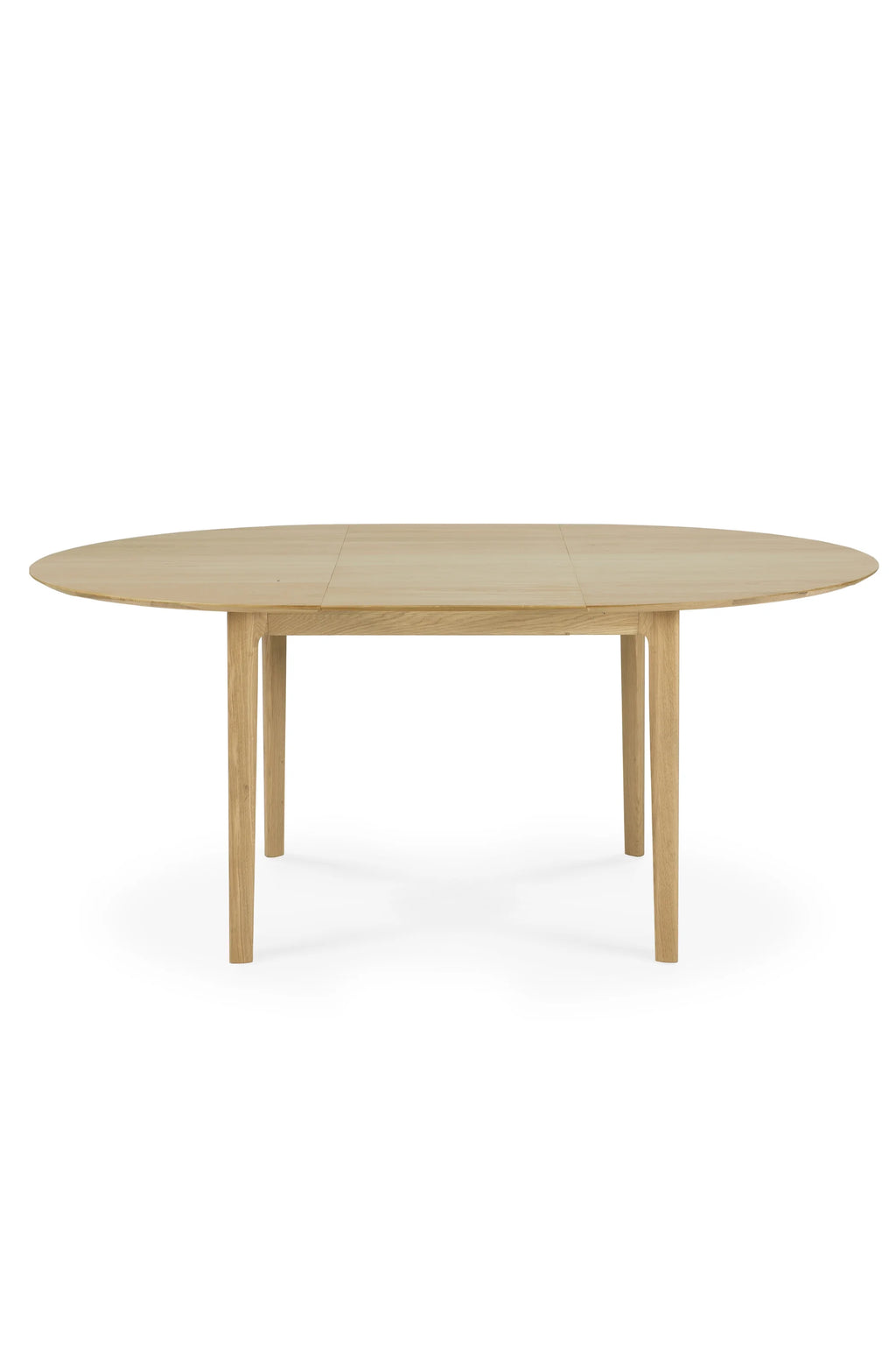 Ethnicraft Bok Extendable Dining Table, a modern minimalist oval dining table crafted from solid natural oak wood with a light finish. It features a smooth, visible wood grain, two visible extension leaves, and elegantly tapered legs, embodying a clean Scandinavian design. Perfect for contemporary dining rooms or open-plan living spaces seeking versatile and stylish solid wood furniture.