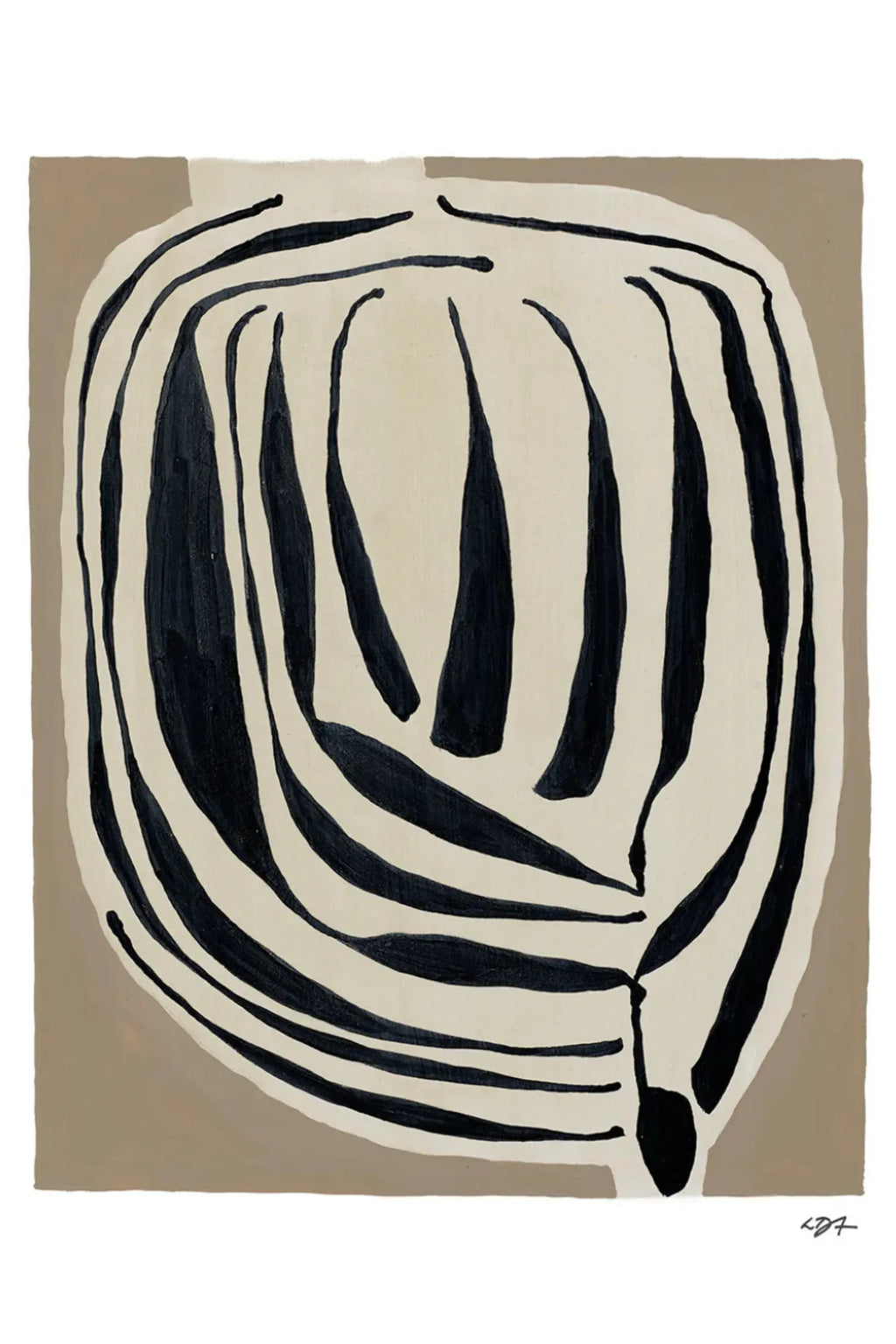 The Poster Club Layered, an abstract art print featuring bold black organic brushstrokes on a cream-colored background, framed by a soft taupe border. This minimalist wall art piece offers a contemporary aesthetic, perfect for neutral living rooms, modern bedrooms, or gallery walls.