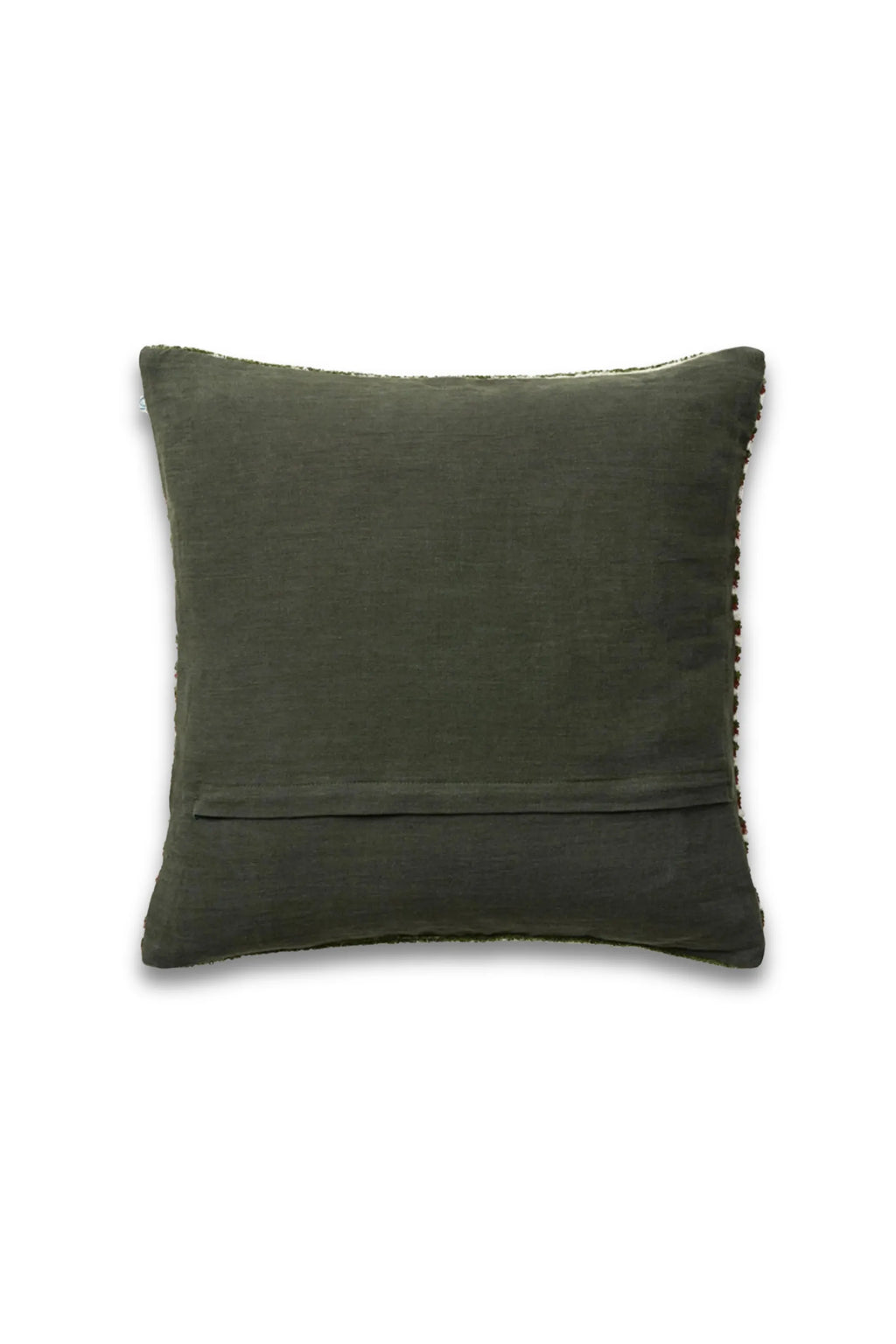 Chhatwal & Jonsson Raipur Boucle Throw Pillow, showcasing its reverse side made of a solid, deep olive green linen-like fabric with a subtle texture, displayed on a clean white background.