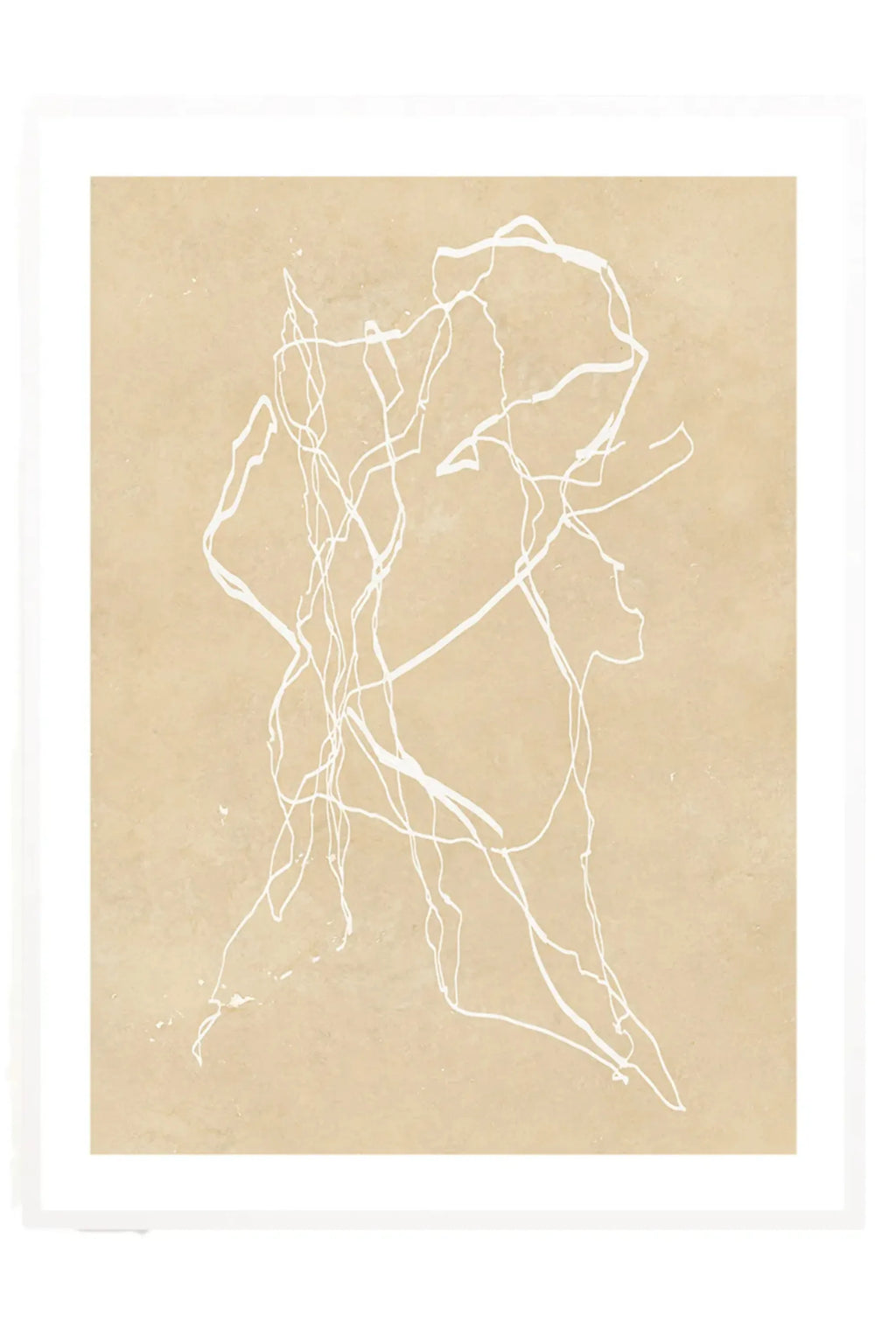 The Poster Club One Line No. 03, a minimalist abstract line art print featuring fluid white lines on a warm beige background with a subtle textured paper finish, elegantly framed in a clean white frame with a white mat. This modern wall art piece is perfect for contemporary living rooms, minimalist bedrooms, or a sophisticated gallery wall.