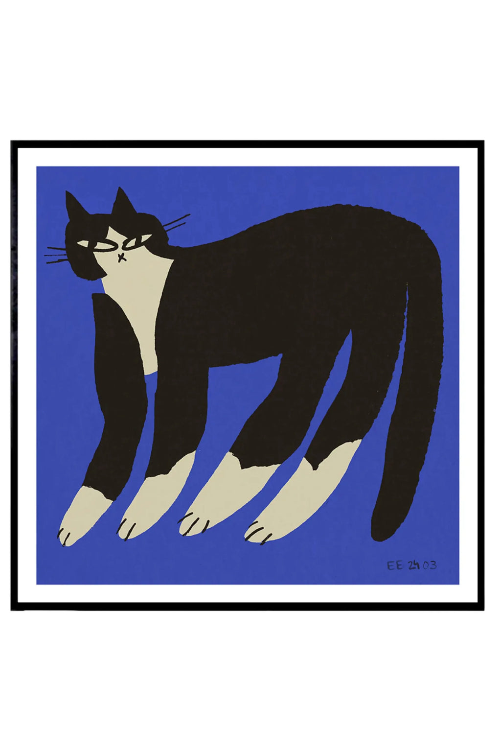 The Poster Club Cat in Blue, a modern minimalist art print featuring a stylized black and cream cat with graphic shapes against a vibrant royal blue background.