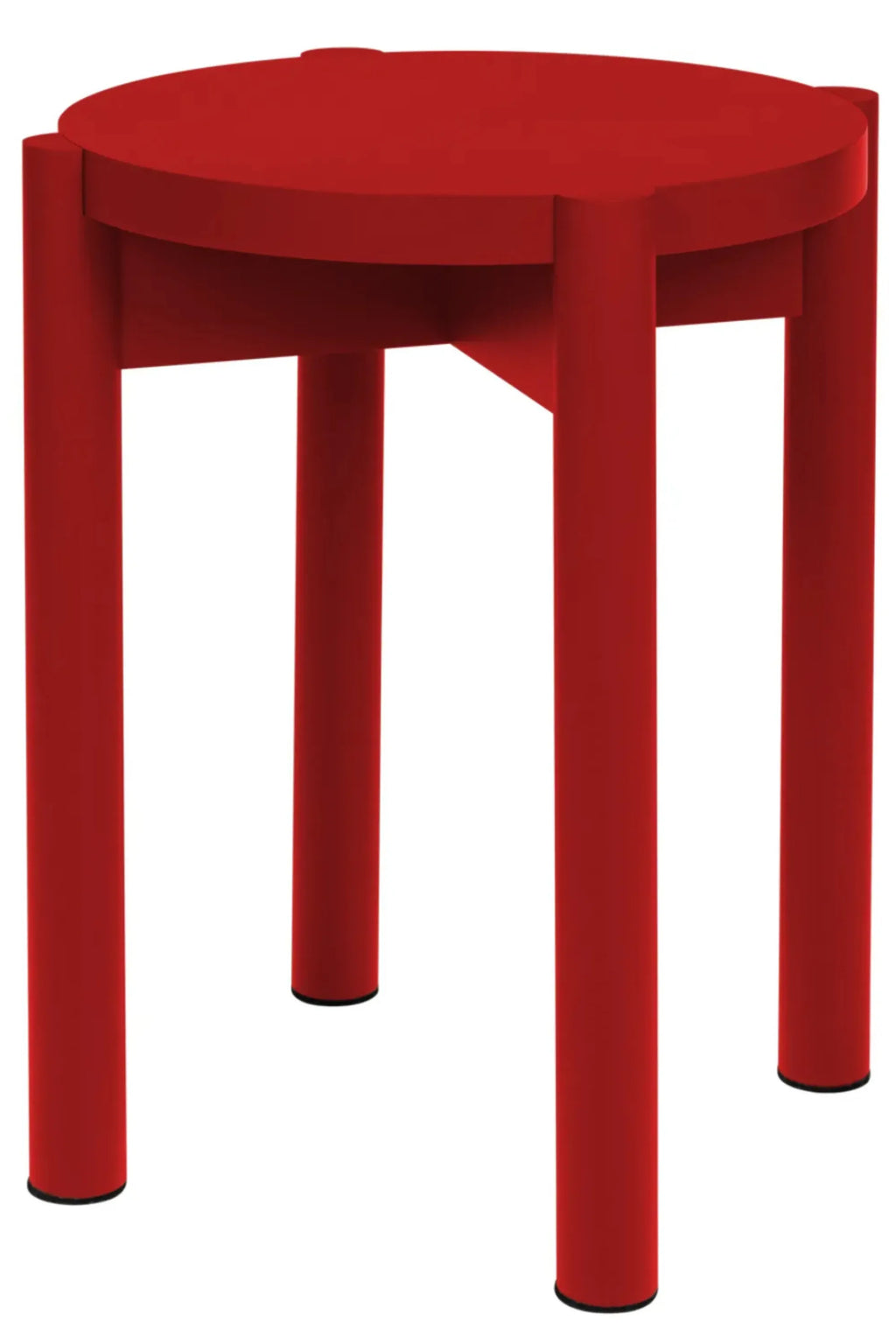 noo.ma Hopp Stool, a vibrant red modern minimalist stool featuring a round top and four thick cylindrical legs, crafted from solid painted wood with a smooth matte finish. This bold geometric design offers a playful yet contemporary accent. Perfect as a statement side table for living rooms, bedrooms, or a unique seating option in modern interiors.