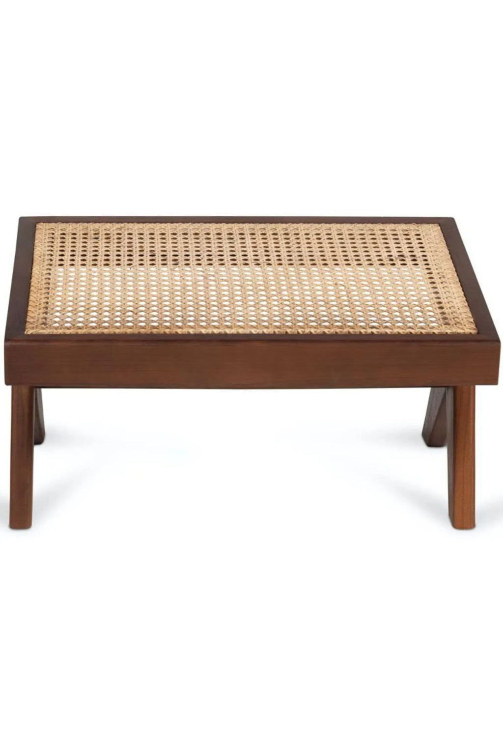 Detjer Chandigarh Kangaroo Footstool, a stylish and durable accent piece featuring a rich wood frame and an elegantly woven cane seat. This premium handcrafted ottoman adds a modern touch to living spaces for those seeking sophisticated comfort.