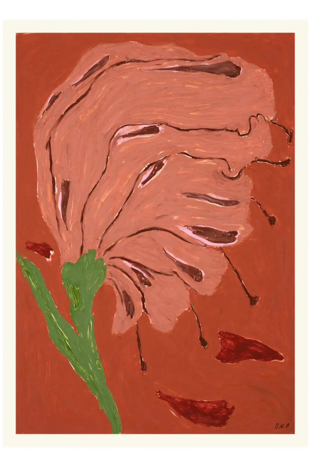 The Poster Club Kære Barn, an expressive abstract floral art print featuring a large, organic flower in muted peach and dusty rose tones with deep green stems and dark brown accents, set against a rich reddish-brown terracotta background. The painterly style showcases visible brushstrokes, giving it a textured, handmade feel. Perfect for adding contemporary organic modern or bohemian warmth to living rooms, bedrooms, or gallery walls.