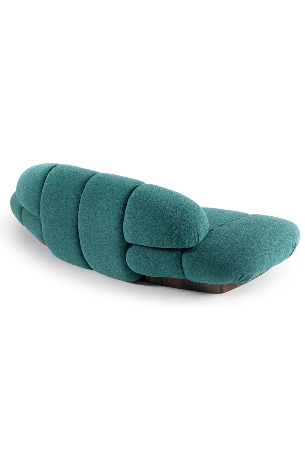 Hessentia Kiro Sofa, a contemporary organic modern sofa featuring deep teal textured bouclé-like fabric upholstery with a distinctive segmented, sculptural silhouette and a contrasting dark wood base.