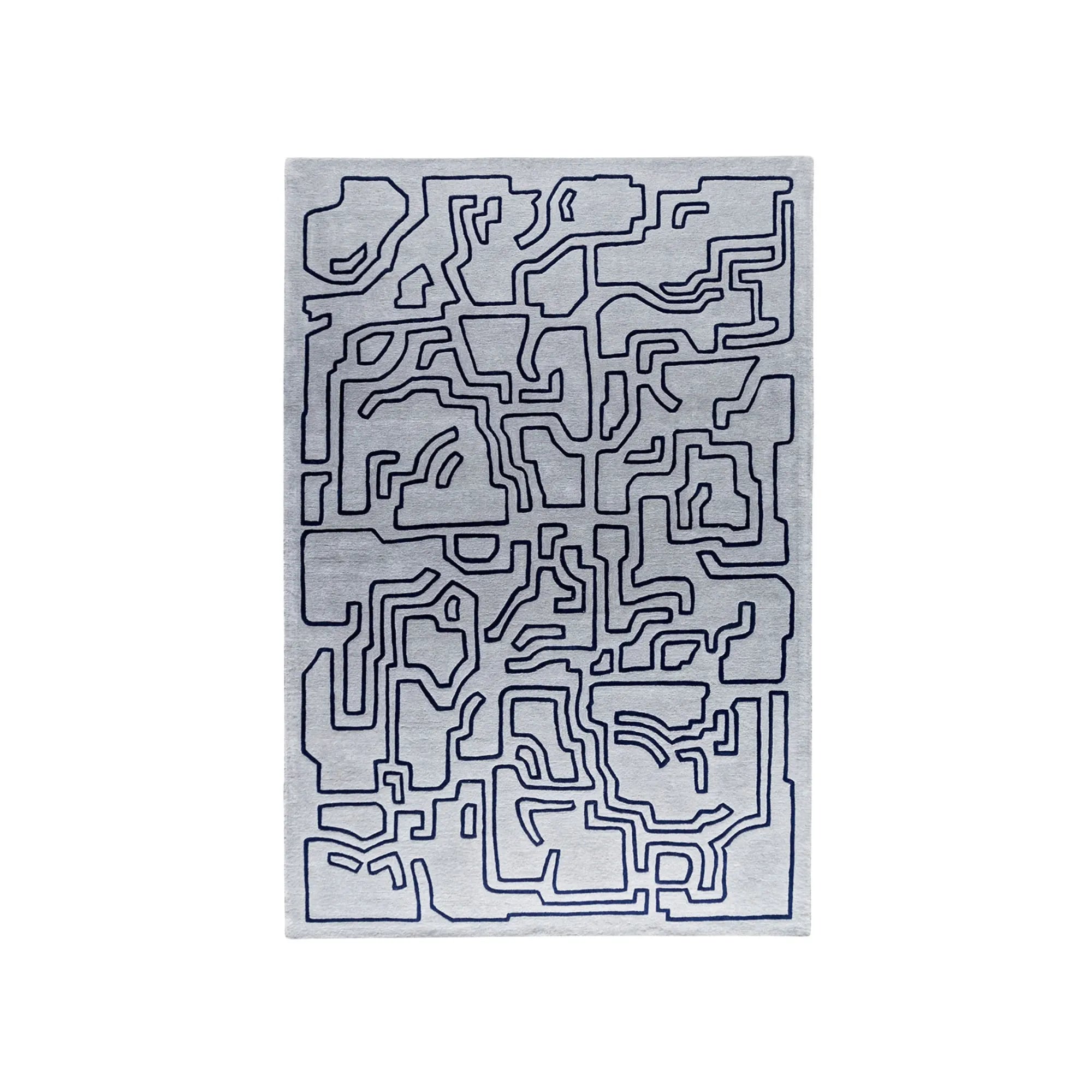 Beautiful handwoven blue and white geometric patterned Structures Rug for modern home decor