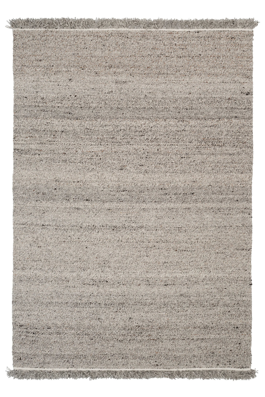 Linie Design Peaceful Parity Rug, a premium hand-knotted wool area rug in a soft light grey and natural undyed tone, featuring a richly textured weave with subtle horizontal stripe variations and delicate fringed ends. This Scandinavian-inspired minimalist rug is ideal for adding warmth and organic modern style to contemporary living rooms, cozy bedrooms, or inviting entryways.