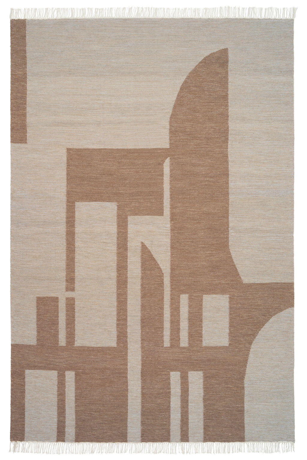 Kristina Dam Contemporary Kelim Rug, a natural flatweave area rug crafted from wool, showcasing an abstract geometric pattern in contrasting warm beige and rich brown tones.