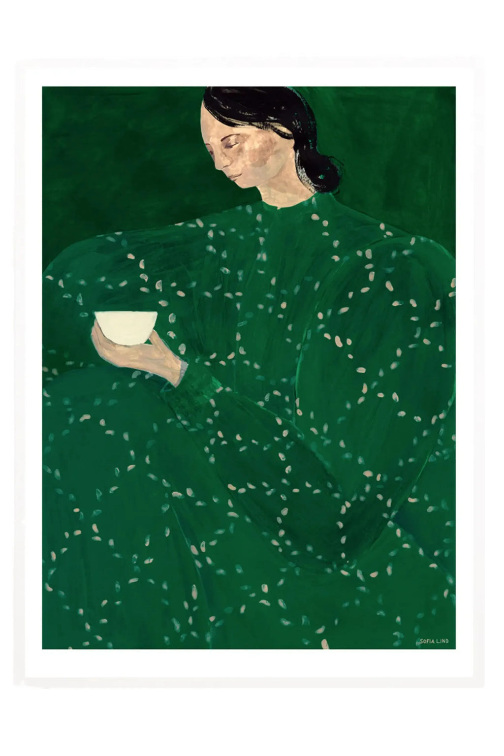The Poster Club Coffee Alone At Place De Clichy, a captivating contemporary art print featuring an abstract figurative portrait of a woman in a deep emerald green dress with scattered cream-colored brushstroke details, holding a white bowl against a dark green textured background. The painterly style and rich color palette evoke a serene, contemplative mood. Ideal as modern wall art for a living room, bedroom, or a sophisticated gallery wall.