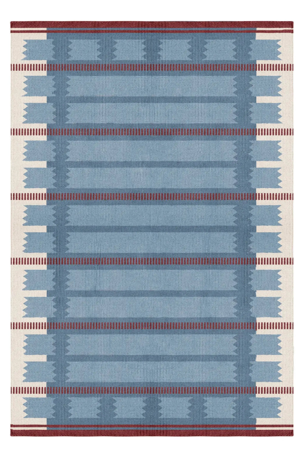 Layered Iris Wool Rug, a hand-woven blue and off-white area rug with horizontal red striped accents and a unique geometric pattern. Perfect for adding a stylish touch to any living room or bedroom.