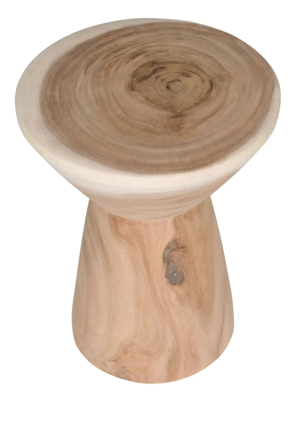 Detjer Stool S.A.S. 006, a solid natural wood stool featuring an organic sculptural shape with a flared mushroom-like top and base, showcasing beautiful light brown tones and visible wood grain. This smooth, natural wood accent table has creamy edges and prominent growth rings on its round top. Perfect as an organic modern side table for living rooms, bedrooms, or an entryway stool in Scandinavian or rustic interiors.