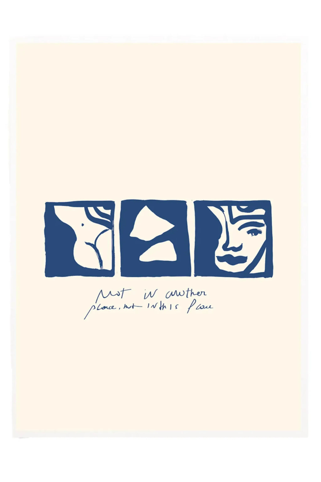 The Poster Club In This Place, a modern abstract art print featuring three deep indigo blue graphic panels with simplified, hand-drawn forms of a torso, abstract shapes, and a face, set against a.