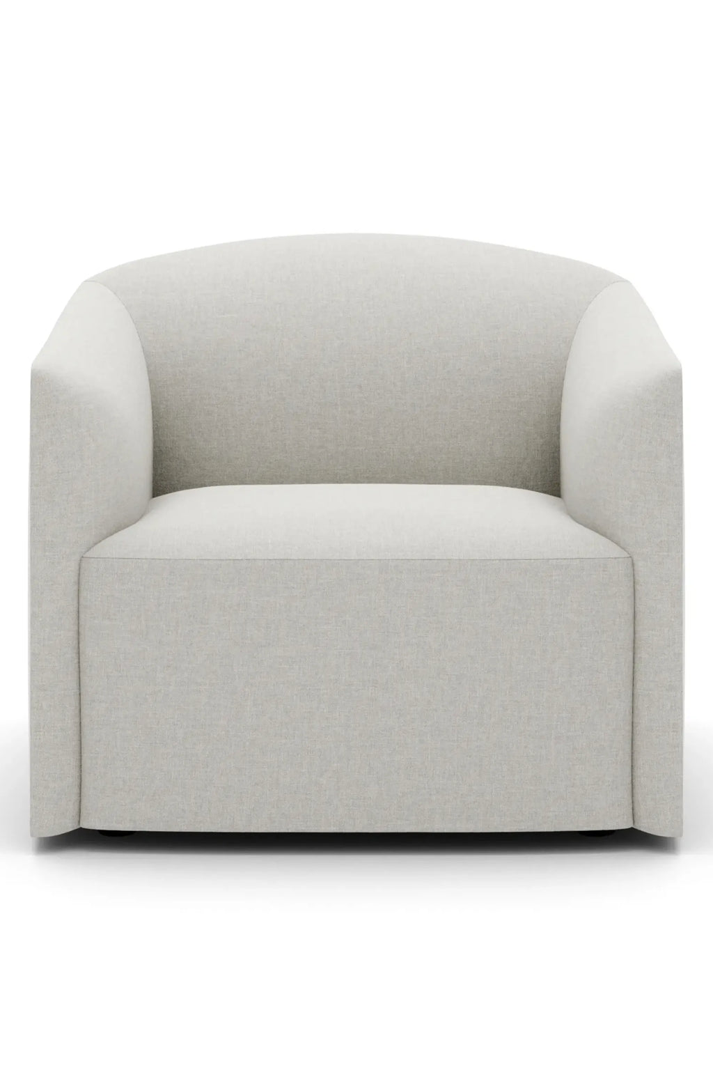 New Works Shore Lounge Chair - Extended Base, a contemporary upholstered lounge chair featuring a striking organic modern design with a plush, curvilinear silhouette and wide, rounded arms. Upholstered in a textured light beige-grey fabric, it boasts a low-profile extended base for a sculptural aesthetic. Perfect as a minimalist living room accent chair or for Scandinavian interiors.