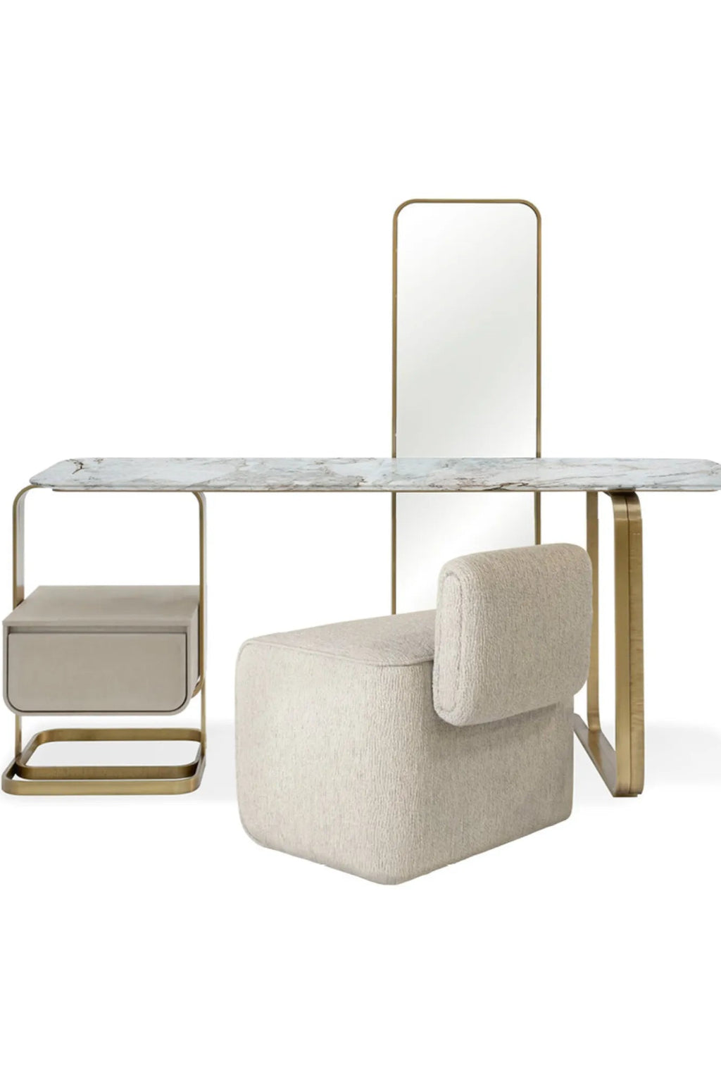 Hessentia Hug Pouf, a luxurious cream bouclé fabric stool with a soft, textured finish and an organic, rounded rectangular silhouette, featuring a low backrest for comfortable seating. This contemporary bouclé accent chair is perfect as a modern vanity stool for bedrooms or a chic minimalist pouf in luxury living rooms.