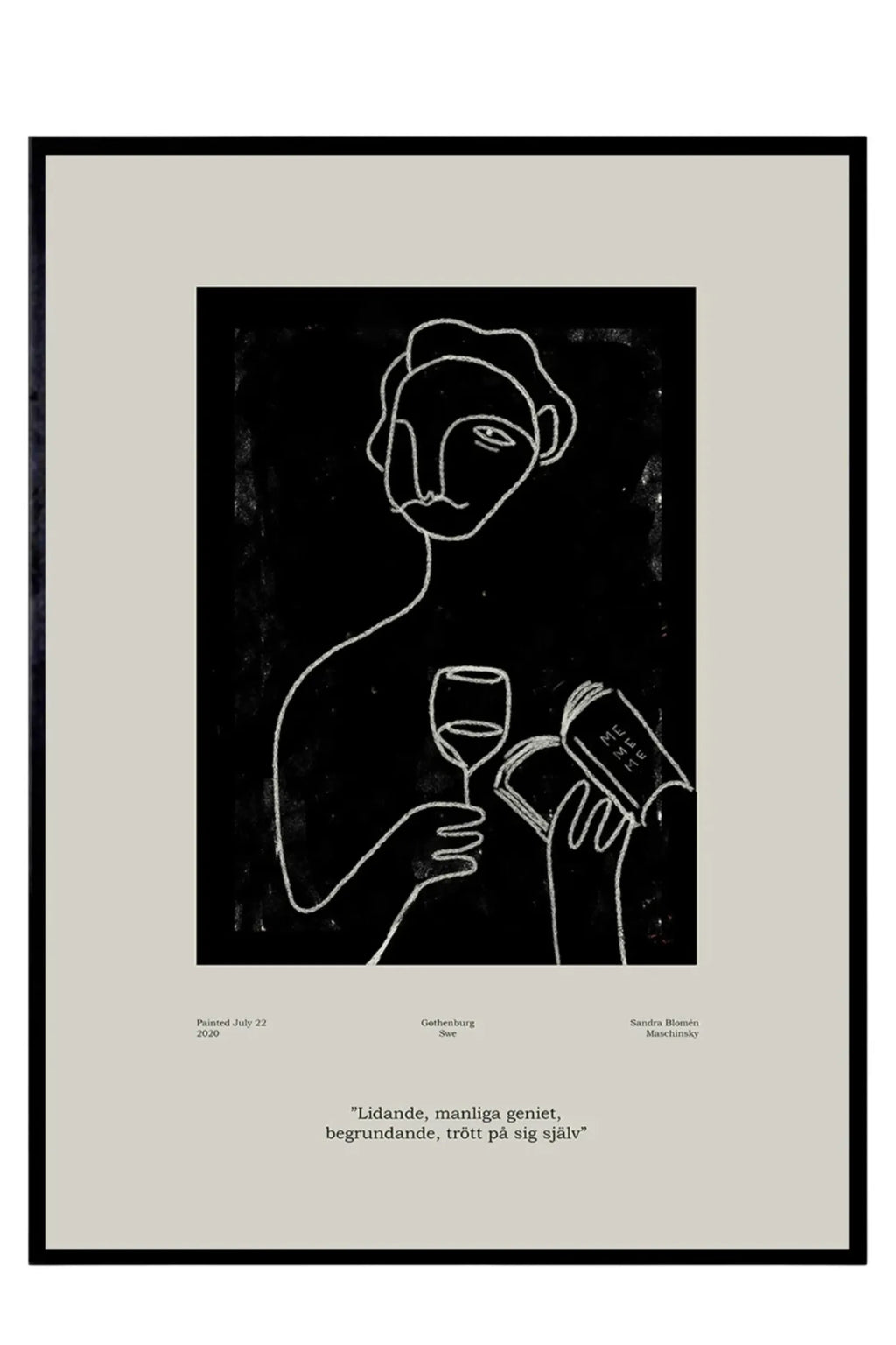 The Poster Club Genius, a minimalist abstract art print by Sandra Blomén Maschinsky featuring a raw, expressive white line drawing of a figure holding a wine glass and a book against a textured black background. This contemporary wall art is framed with a light grey mat and a sleek black frame, offering a sophisticated contrast to the black and white design. Ideal for modern minimalist living rooms, Scandinavian interiors, or a thought-provoking gallery wall.