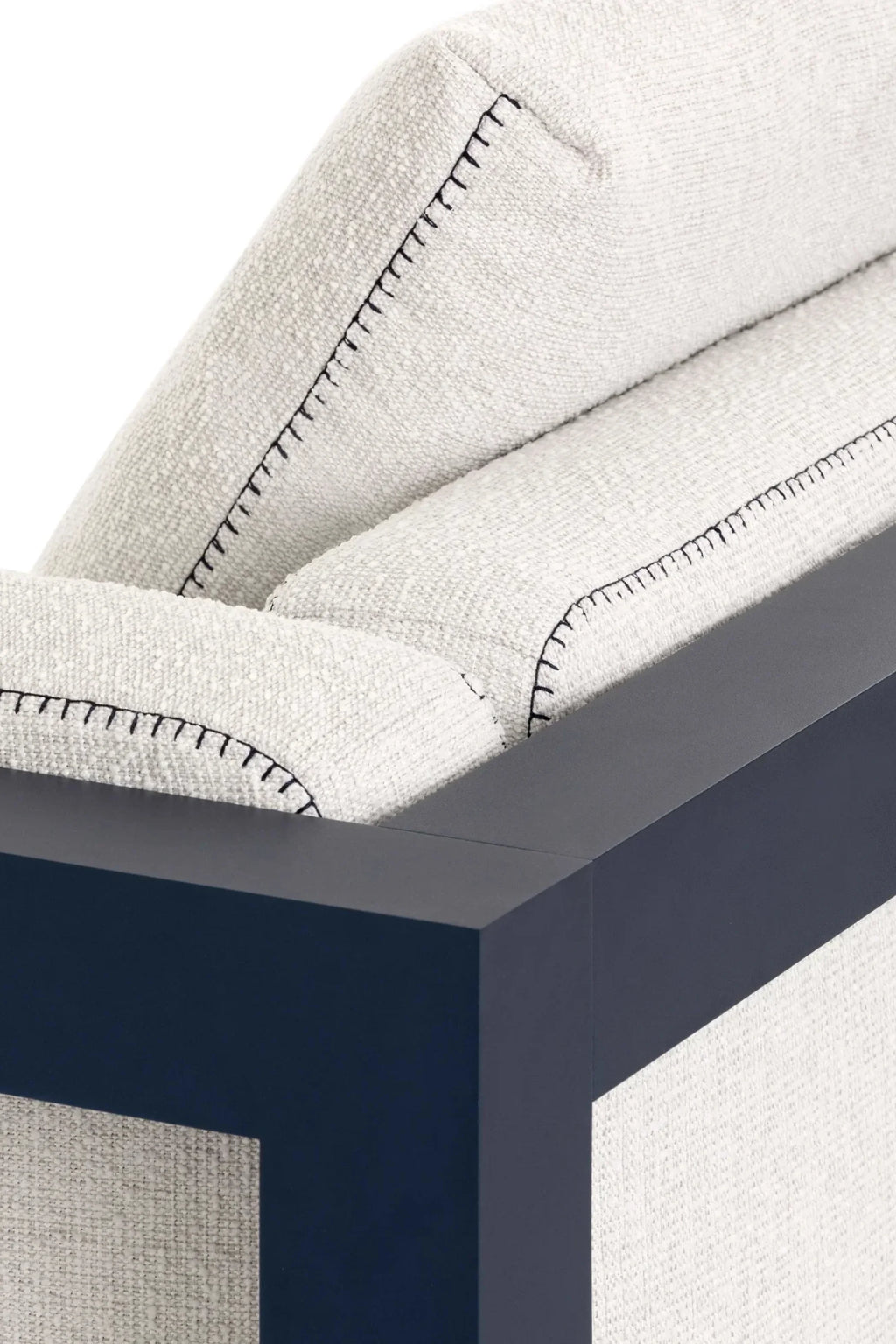 Gandia Blasco Islablanca Outdoor Sofa - Sectional 6, a contemporary outdoor sectional featuring a robust matte dark blue powder-coated aluminum frame with plush, textured light grey outdoor fabric cushions. The cushions showcase distinctive black exposed stitching details, adding a handcrafted touch to its minimalist design. This modern patio sofa is perfect for creating a stylish outdoor living room or a sophisticated poolside lounge area.