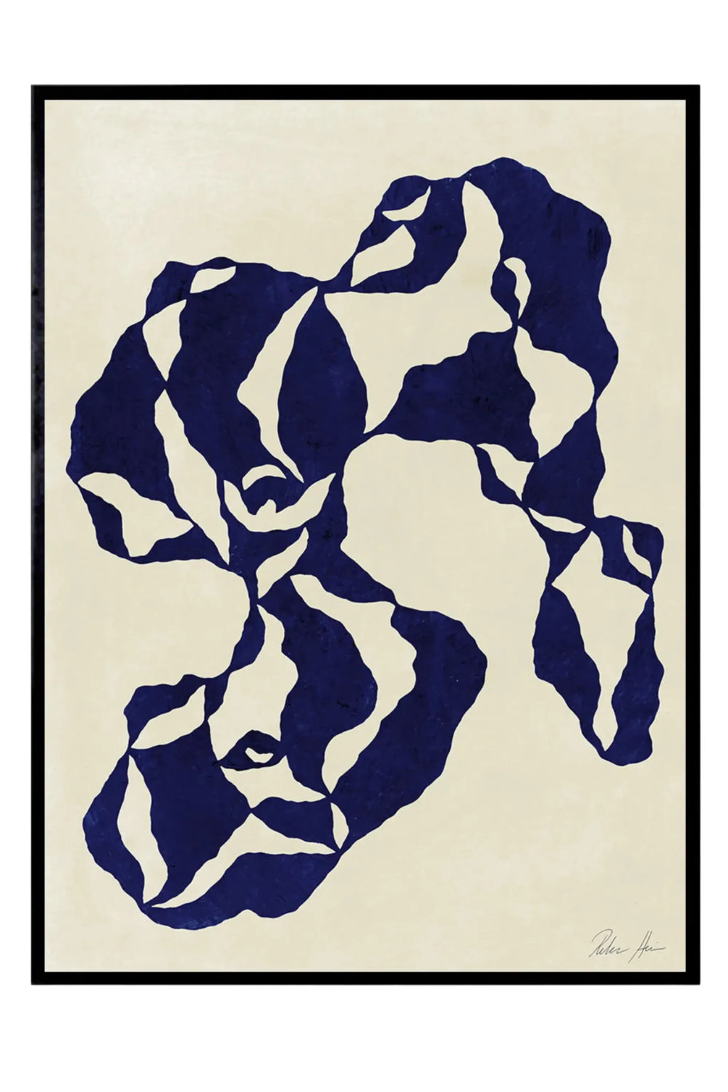 The Poster Club Together no. 01, a contemporary abstract art print showcasing bold, organic navy blue shapes with a textured, hand-cut feel, set against a warm off-white background. This modern wall art is elegantly presented in a sleek matte black frame, perfect for minimalist living rooms, Scandinavian bedrooms, or adding a focal point to any gallery wall.