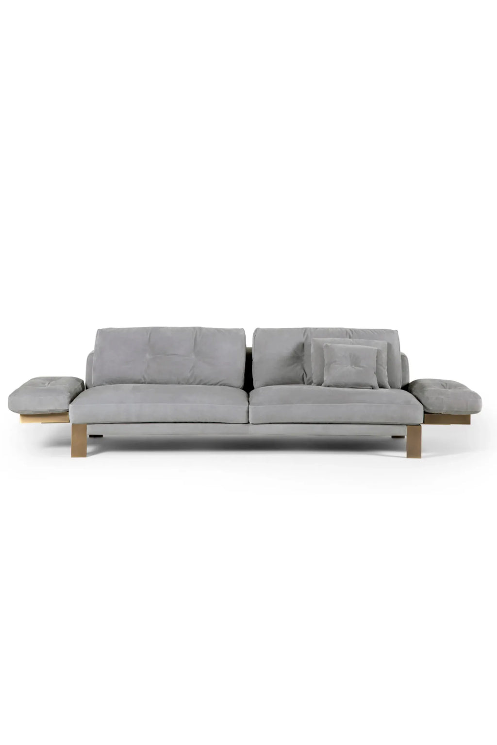 Hessentia Levante Sofa, a low-profile modern minimalist sofa featuring plush light gray fabric upholstery with soft cushions and an integrated light wood side table on each end. It rests on a sleek brushed bronze metal frame, offering a sophisticated contemporary aesthetic. Ideal for stylish living rooms seeking versatile and elegant seating.