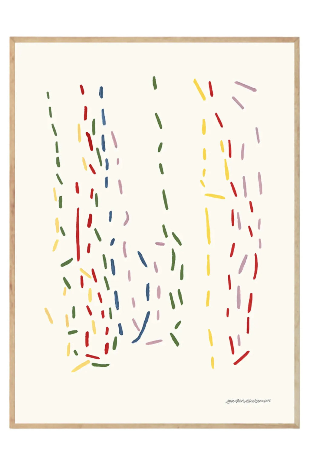 The Poster Club 1 – 2 – Many Art Print, abstract design with colorful dashed lines in red, yellow, green, blue, and purple on a cream background, framed in light wood.