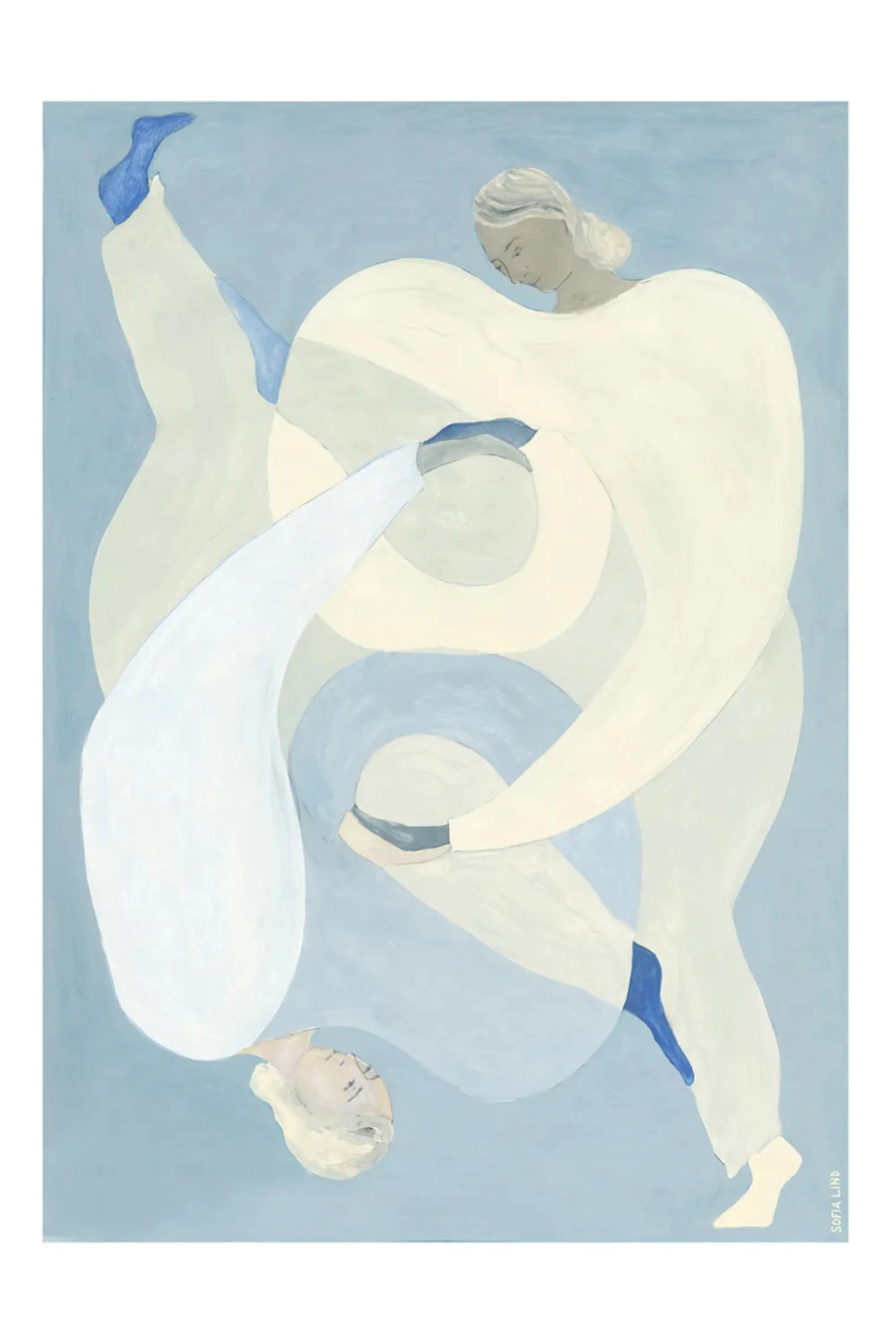 The Poster Club Hold You – Blue, an abstract figurative art print by Sofia Lind featuring two intertwined figures rendered in a soothing pastel blue, soft cream, and white palette with subtle royal blue accents. This contemporary wall art piece has a gentle, organic modern aesthetic with painterly textures, creating a sense of serene connection. Ideal as minimalist bedroom wall art, calming nursery decor, or a focal point in a modern living room.