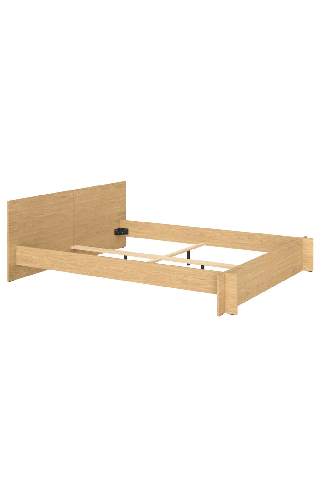 noo.ma Valt Bed, a modern minimalist bed frame crafted from solid oak wood with a light natural oak finish and visible wood grain texture. This sturdy platform bed features a clean-lined integrated headboard and footboard, complete with a slatted bed base. Ideal for a Scandinavian or contemporary bedroom seeking organic modern furniture.