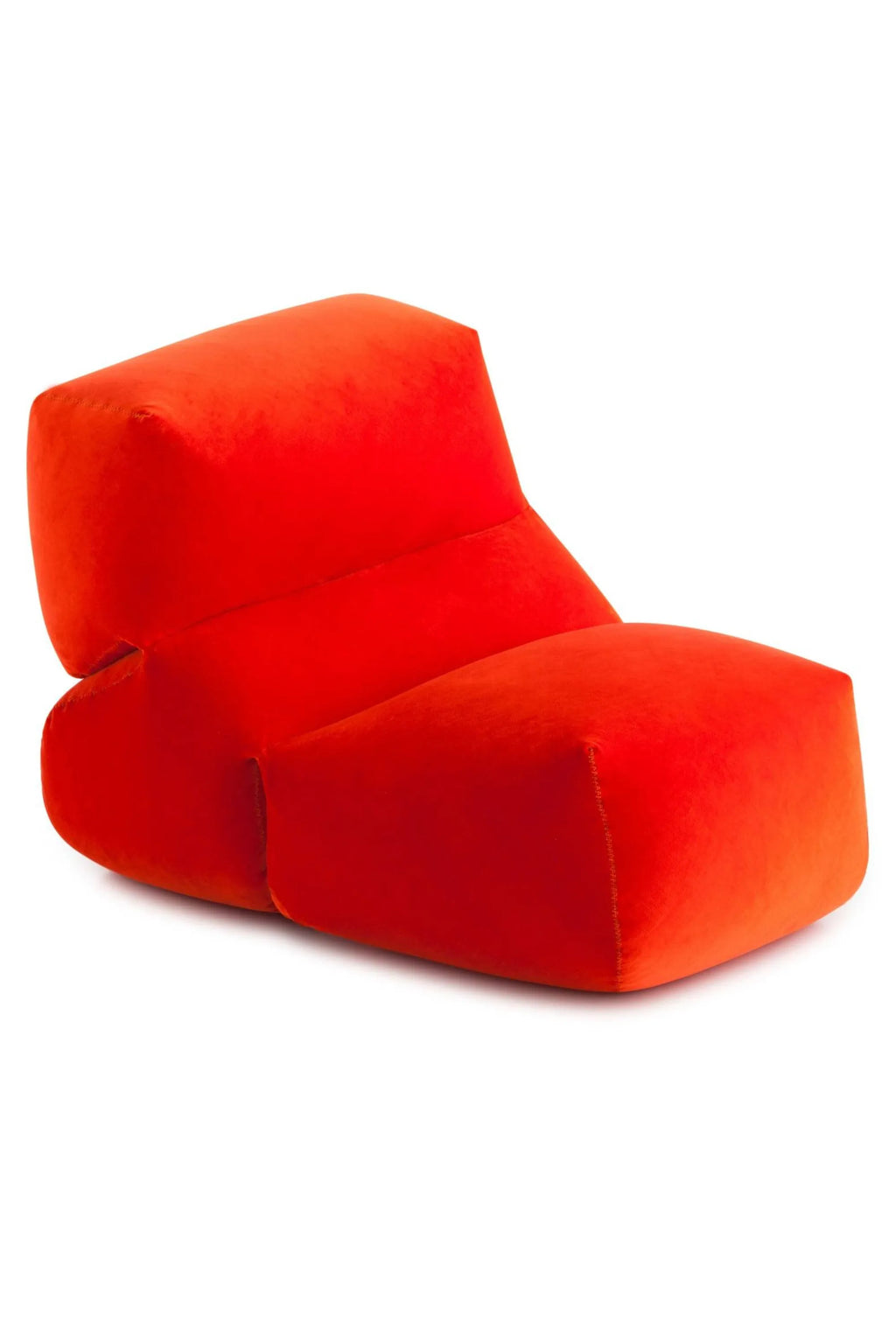 GAN Rugs Grapy Lounge - Velvet, a vibrant red contemporary lounge chair upholstered in plush velvet fabric, featuring an organic, low-profile, and sculptural design with visible stitching details. This soft velvet floor chair is perfect for adding a pop of color and comfort to modern living rooms, media rooms, or a stylish bedroom accent.