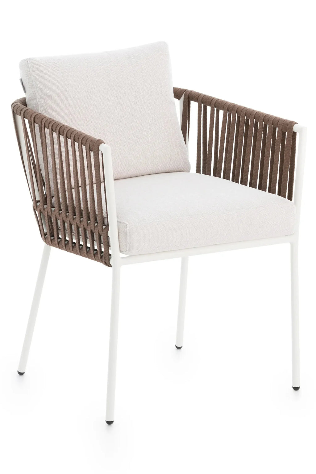 Gandia Blasco Corda Outdoor Dining Chair, a contemporary patio armchair featuring a sleek white powder-coated aluminum frame with a distinctive brown woven cord backrest and arms, paired with plush cream-colored outdoor fabric cushions. This modern minimalist outdoor chair is perfect for stylish al fresco dining areas, coastal patios, and garden seating.