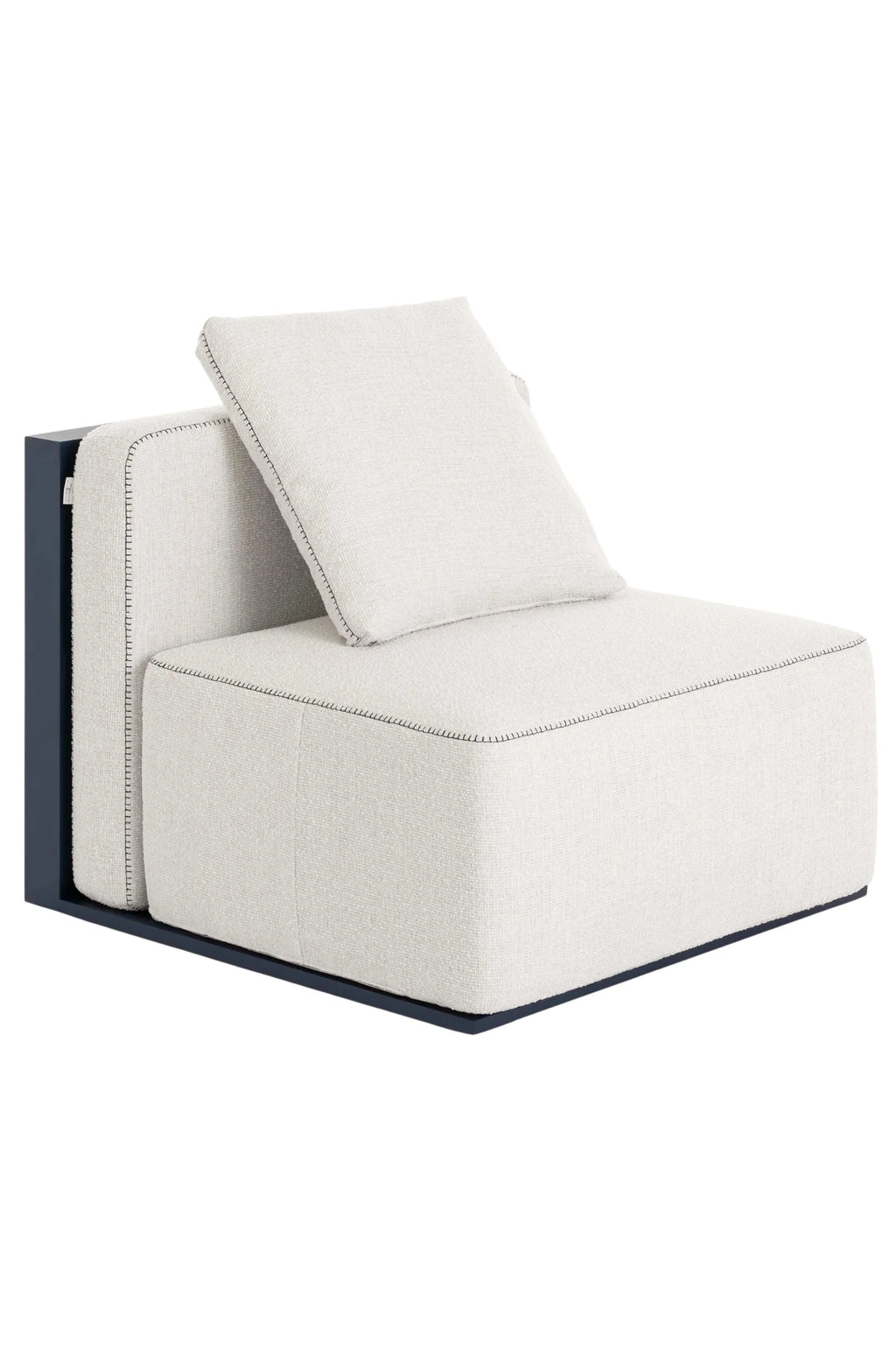 Gandia Blasco Islablanca Outdoor Sofa - Sectional 3, a modern modular outdoor lounge chair featuring plush off-white textured outdoor fabric cushions with contrasting dark stitching, set within a sleek matte navy blue metal frame. This contemporary patio furniture piece offers comfortable low-profile seating, perfect for creating a minimalist outdoor living room or stylish deck lounge.