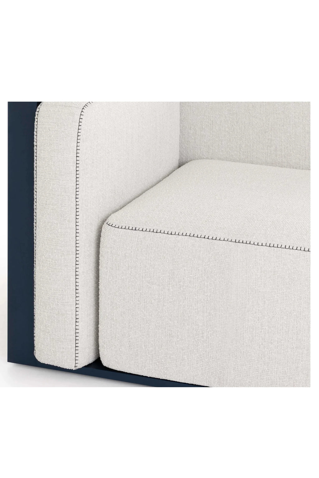 Gandia Blasco Islablanca Outdoor Sofa - Sectional 1, a modern outdoor sectional featuring plush off-white textured fabric upholstery with contrasting black decorative stitching on the cushions and a sturdy, minimalist navy blue metal base. This contemporary weather-resistant patio sofa combines clean lines and a sophisticated color palette, perfect for luxurious outdoor living spaces, modern decks, or coastal-inspired patios.