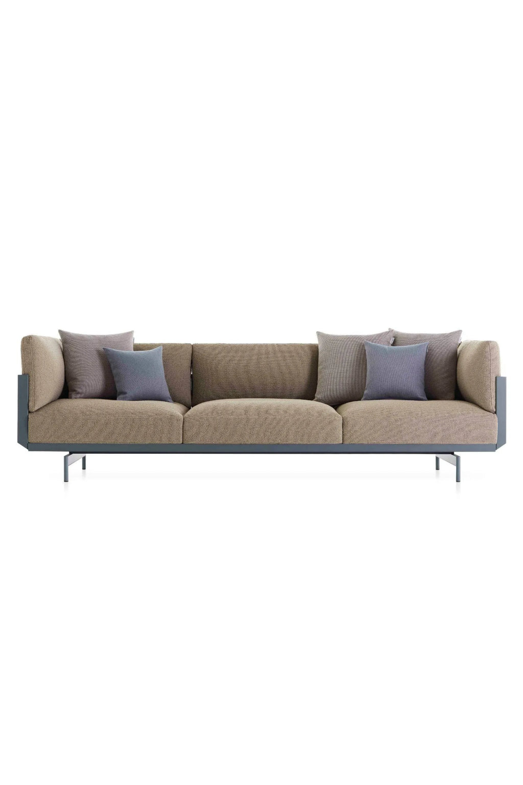 Gandia Blasco Onde 3-seater Sofa, a sleek modern outdoor sofa featuring a durable dark grey metal frame with clean lines and comfortable taupe woven outdoor fabric upholstery. This contemporary patio sofa includes plush seat cushions and decorative throw pillows in coordinating grey and blue-grey tones. Perfect for stylish outdoor living rooms, poolside lounging, or minimalist garden settings.