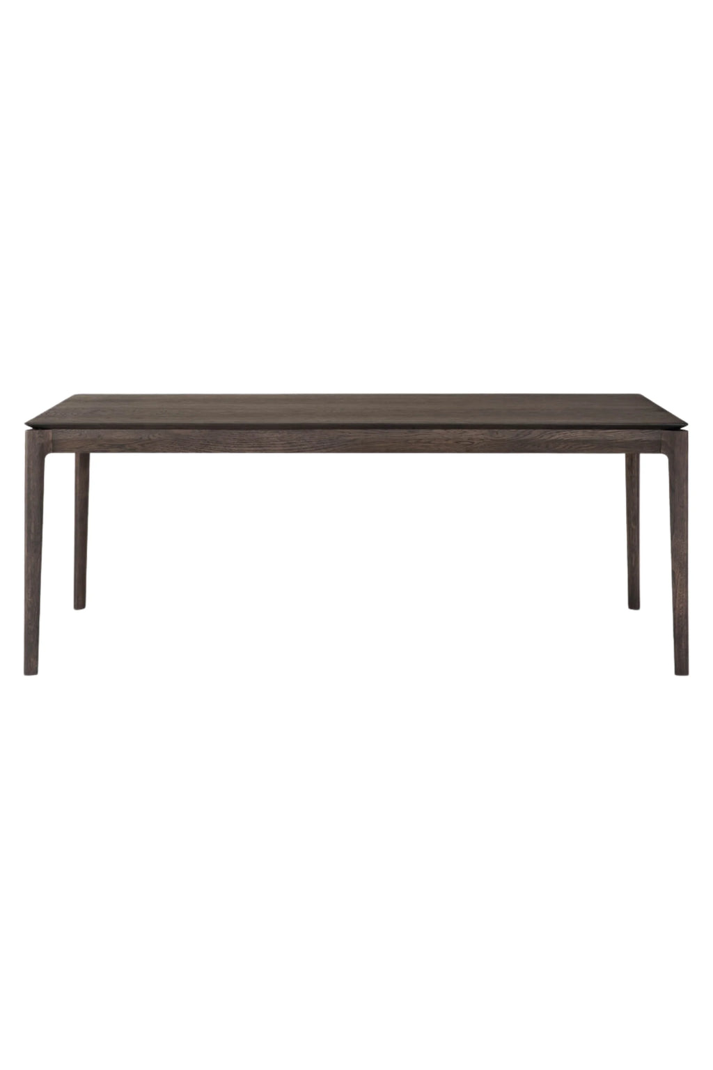 Ethnicraft Bok Extendable Dining Table, a modern minimalist dining table crafted from solid dark oak with a rich, visible wood grain and a sleek rectangular top with gently tapered legs. This Scandinavian-inspired extendable dining table is perfect for contemporary dining rooms and elegant kitchen spaces.