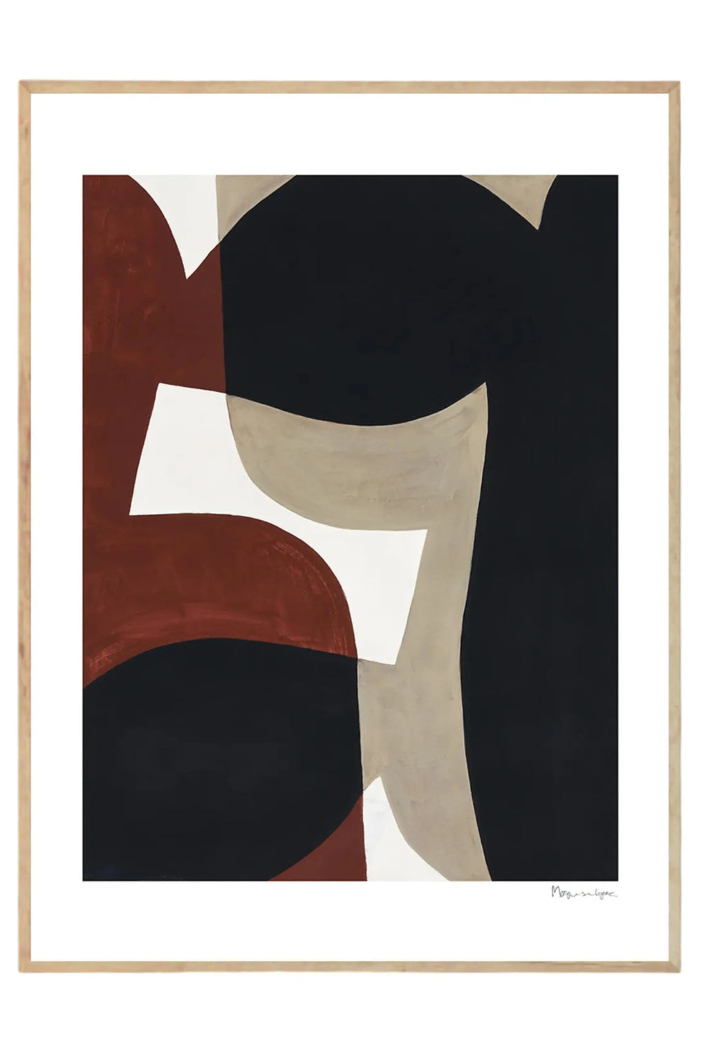 The Poster Club Connected Shapes No.1, a contemporary abstract art print featuring organic overlapping shapes in deep black, rich rust terracotta, and light beige tones against a clean white background, presented in a natural oak frame with a crisp white mat. This modern wall art is ideal for minimalist gallery walls, Nordic-inspired living rooms, or contemporary bedroom decor.
