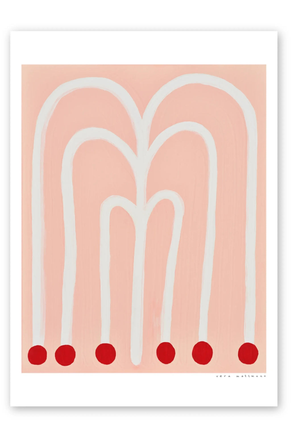 The Poster Club Grosse Blume, a minimalist abstract art print featuring organic white brushstroke arches descending into vibrant red circular dots against a soft pale peach background, showcasing a playful contemporary style with visible painted texture. This modern art poster is perfect for gallery wall art, a stylish bedroom accent, or cheerful nursery decor.