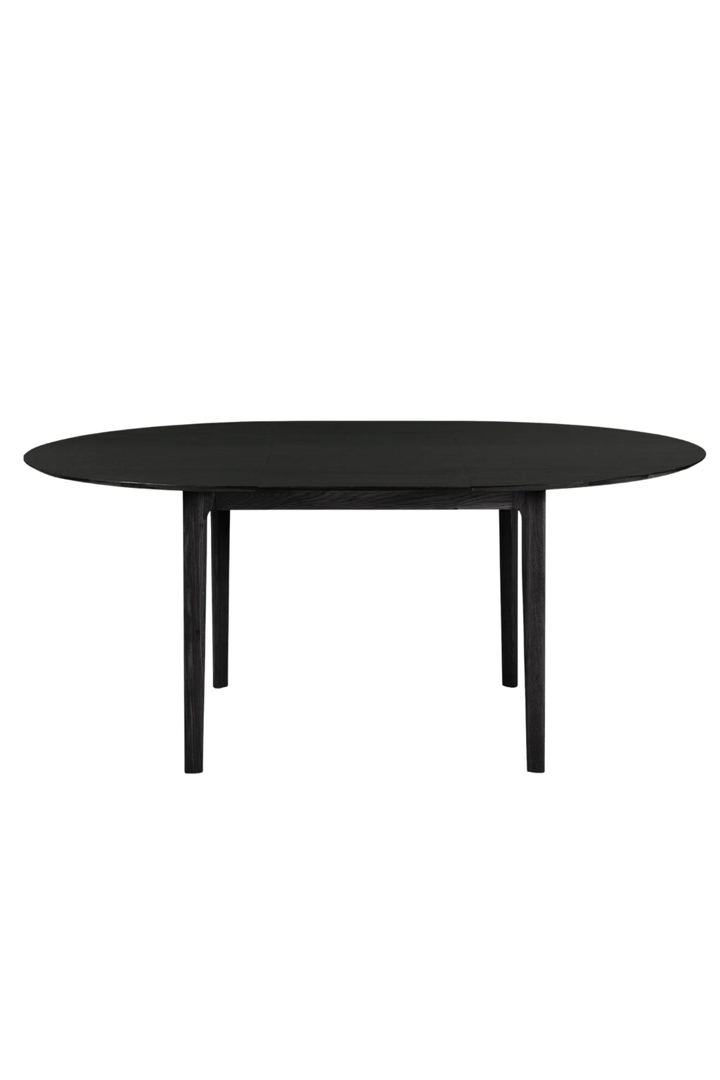 Ethnicraft Bok Extendable Dining Table, a modern minimalist oval dining table crafted from solid black oak with a visible wood grain and elegant tapered legs. This contemporary extendable dining table offers versatile seating for a dining room. Ideal for Scandinavian or organic modern interiors seeking a sleek, functional centerpiece.