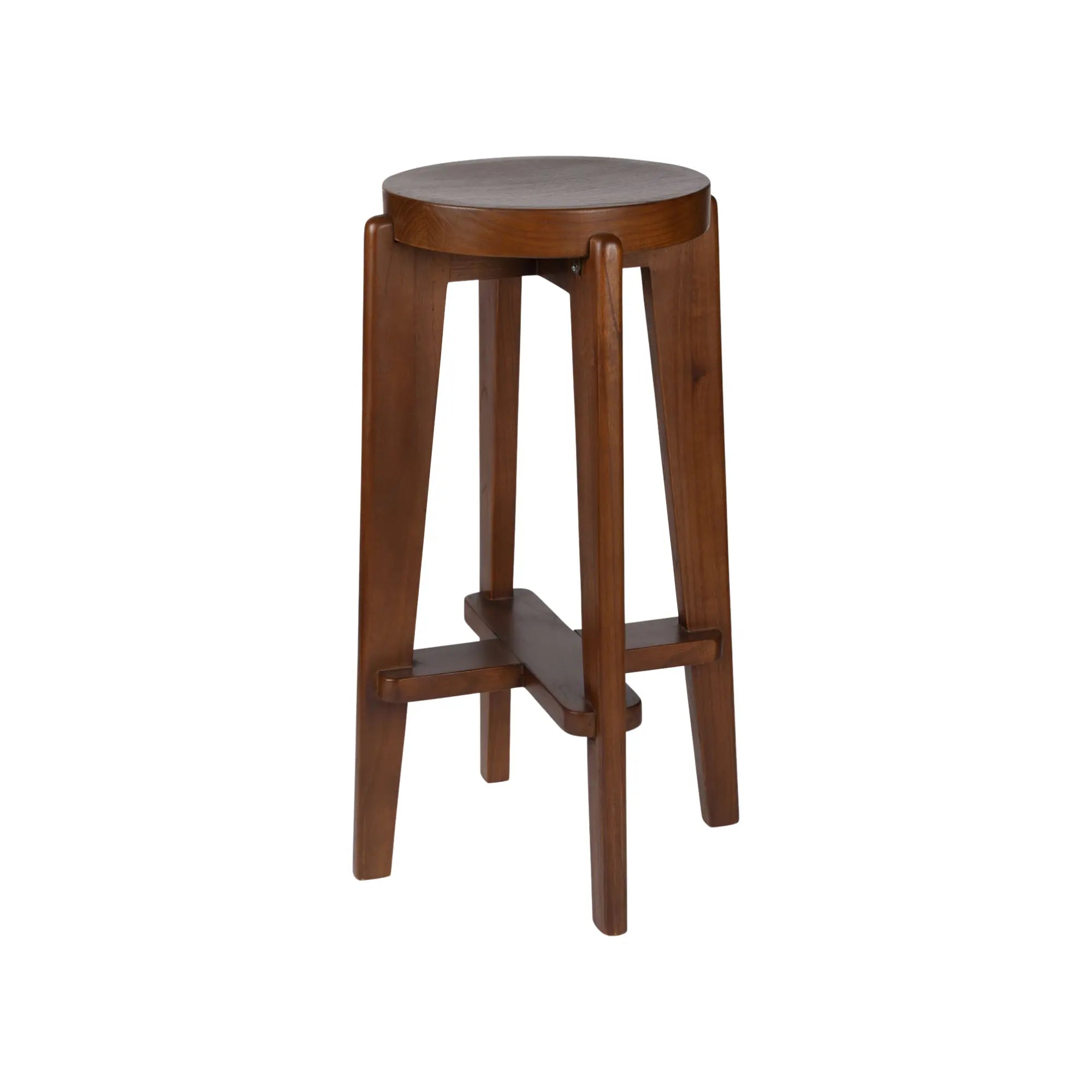  Rustic wooden bar stool with a curved back and footrest