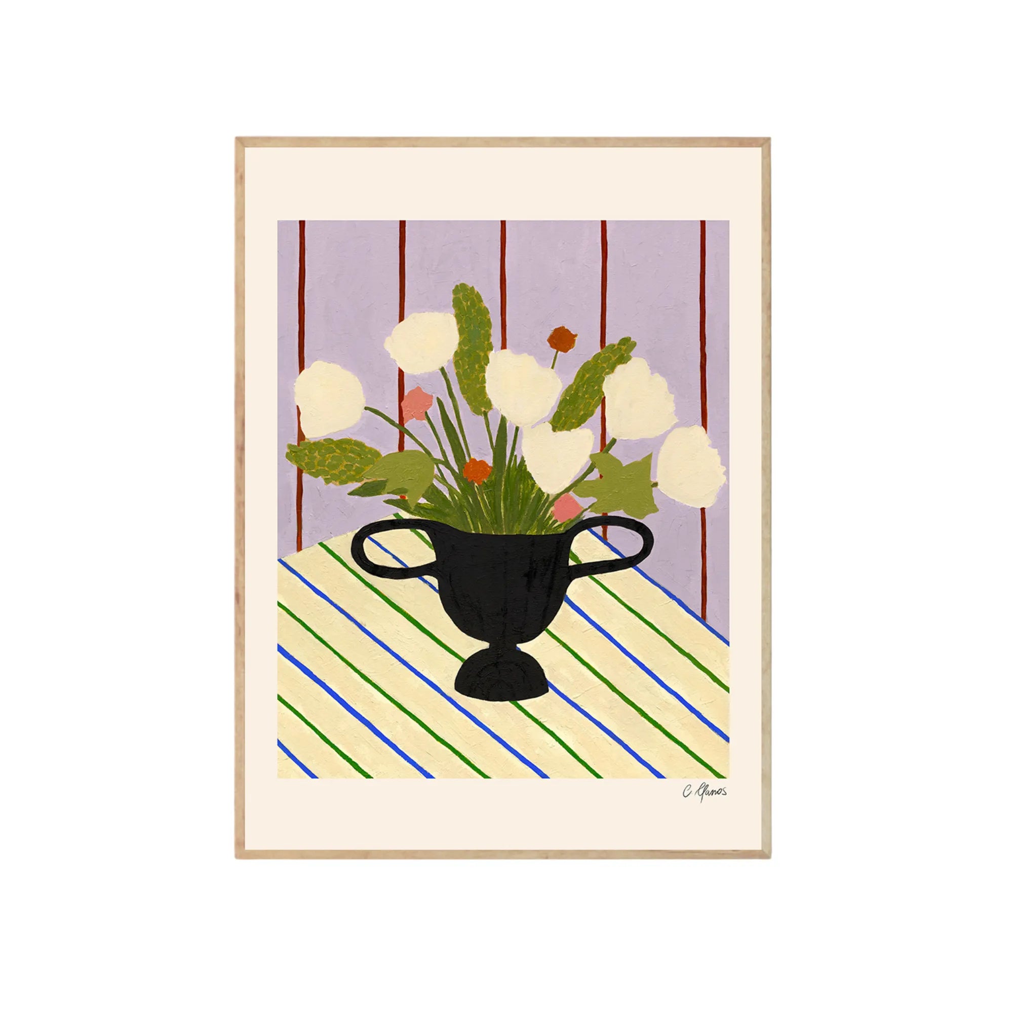 Beautiful bouquet of colorful flowers arranged on a white and blue striped cloth