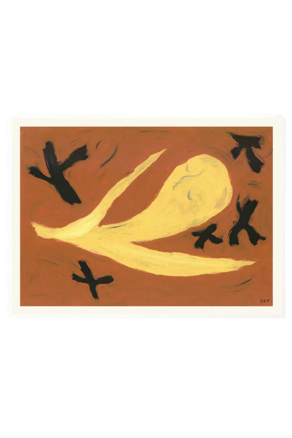 The Poster Club Majregn, a contemporary abstract art print featuring a rich terracotta background, an organic central shape in vibrant yellow with subtle grey accents, and bold, expressive black brushstrokes. This modern wall art piece, with its warm and earthy tones, is ideal for creating a focal point in a minimalist living room, a cozy bedroom, or as part of an organic modern gallery wall.