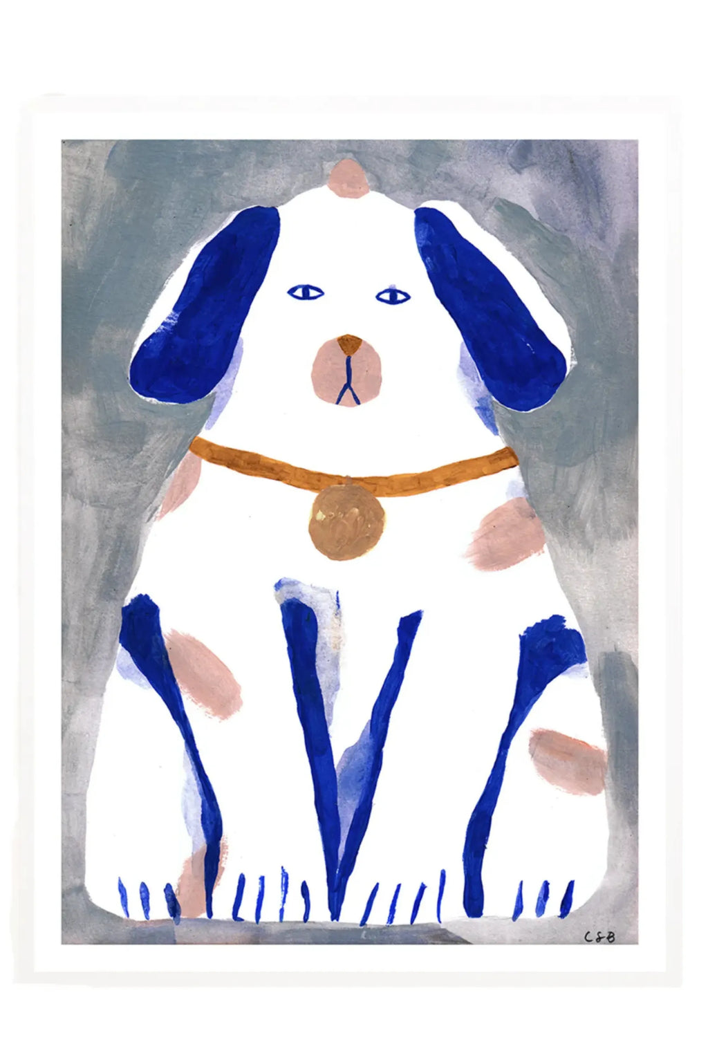The Poster Club Guardian Dog, an abstract dog art print featuring a stylized white dog with bold royal blue ears and markings, a pale pink nose, and a golden brown collar with a bell, set against a painterly grey background. This modern minimalist animal illustration uses expressive brushstrokes to create a playful, contemporary aesthetic, ideal as charming wall art for a nursery, kids' room, or a whimsical touch in a living room.