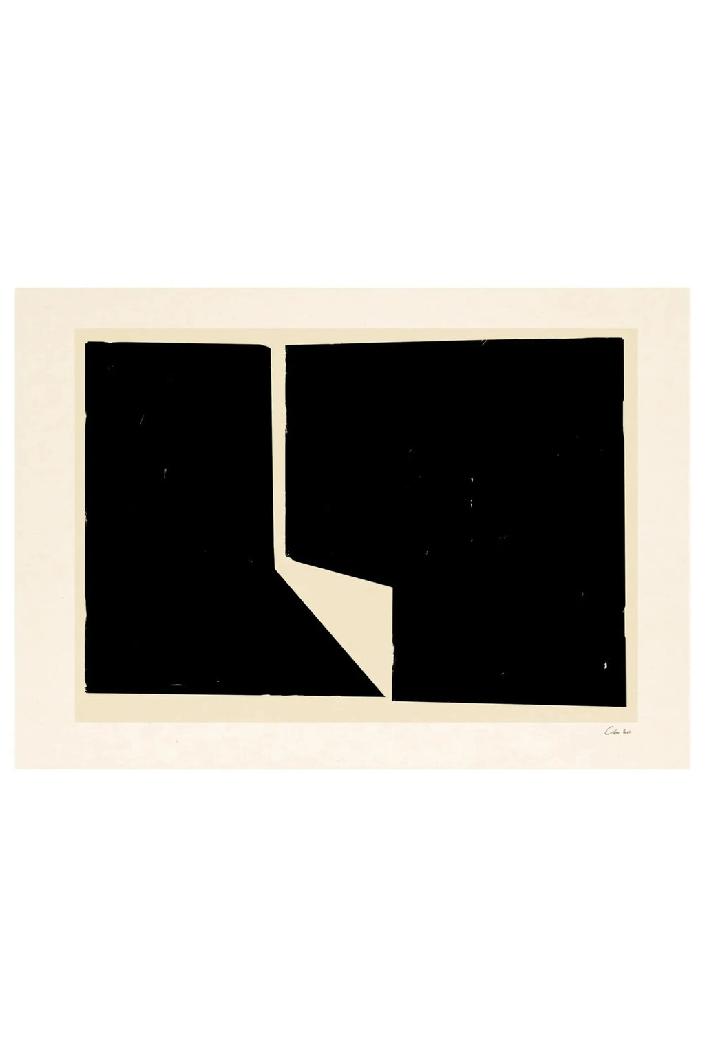 The Poster Club Facesing, a minimalist abstract art print featuring bold, textured black geometric shapes against a warm, creamy off-white background, creating a striking contrast and sense of depth. This contemporary art print offers a sophisticated, raw aesthetic, perfect for modern gallery walls, Scandinavian living rooms, or brutalist-inspired home offices.
