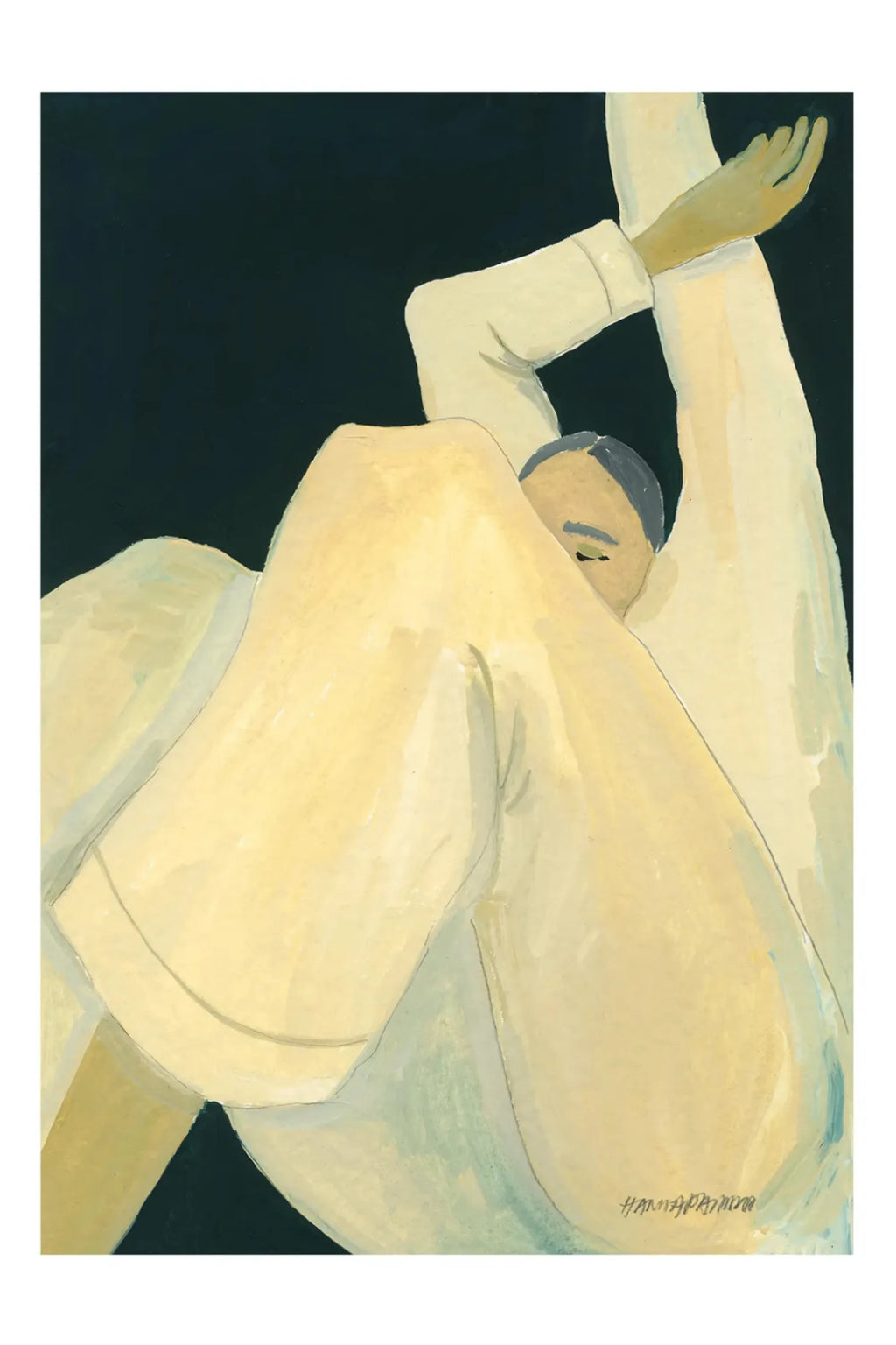 The Poster Club The Dream, an abstract figurative art print depicting a reclining human form in soft cream, muted yellow, and beige tones against a deep dark teal background, showcasing visible painterly brushstrokes. This contemporary minimalist poster evokes calm introspection, ideal for modern gallery walls, Scandinavian bedrooms, or sophisticated living room decor.