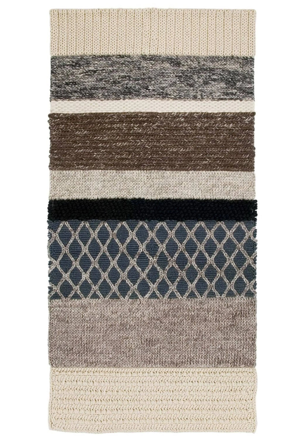 GAN Rugs Mangas Original Rectangular Rug, a premium hand-crafted wool area rug showcasing a unique multi-texture design with horizontal stripes in natural cream, grey, brown, black, and deep blue.