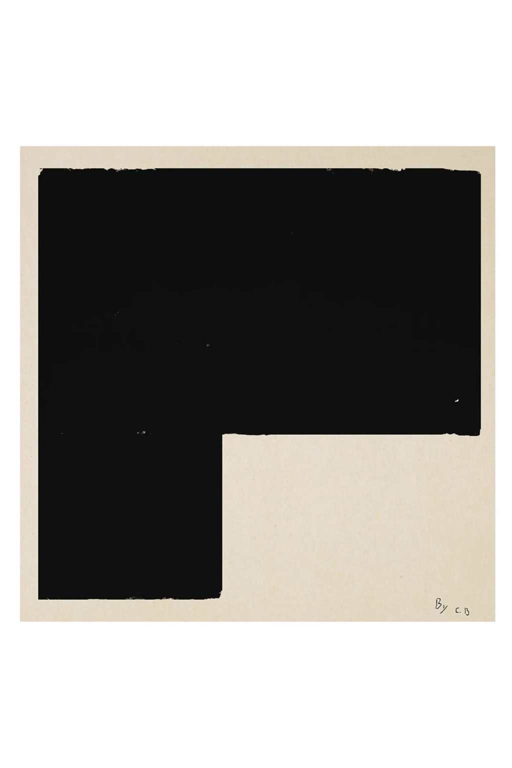 The Poster Club Black Object 01, a minimalist abstract art print featuring a bold black L-shaped geometric block with subtly distressed edges against a warm cream background, creating a striking contemporary design. This modern poster is ideal for gallery wall styling in a living room, bedroom, or home office, enhancing minimalist and modern interiors.