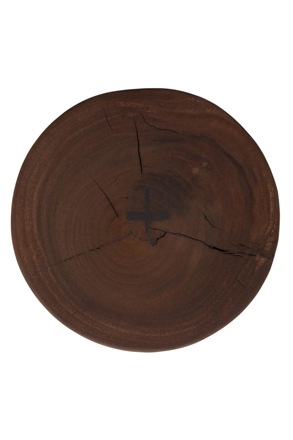 Detjer Stool S.A.S. 002, a dark brown solid wood stool featuring a thick, circular tree trunk cross-section with natural grain patterns and visible cracks.