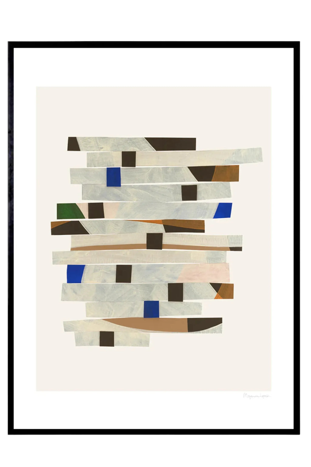 The Poster Club Cut up Stripes, a contemporary abstract art print featuring a collage of horizontal textured strips in white, light grey, tan, dark brown, with accents of royal blue, dark green, and pale pink on a warm beige background, framed in a sleek black frame. This modern minimalist wall art is ideal for a stylish living room, bedroom, or as a striking addition to a gallery wall.