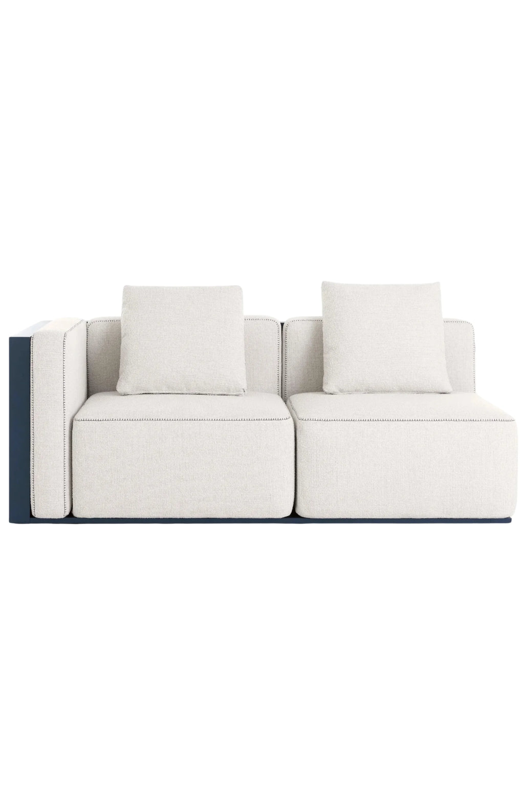 Gandia Blasco Islablanca Outdoor Sofa - Sectional 1, a modern modular outdoor sofa featuring plush off-white textured weather-resistant upholstery with contrasting dark stitching, set on a sleek navy blue powder-coated metal frame. This contemporary low-profile patio sectional is designed for luxurious outdoor living rooms and sophisticated poolside lounges.
