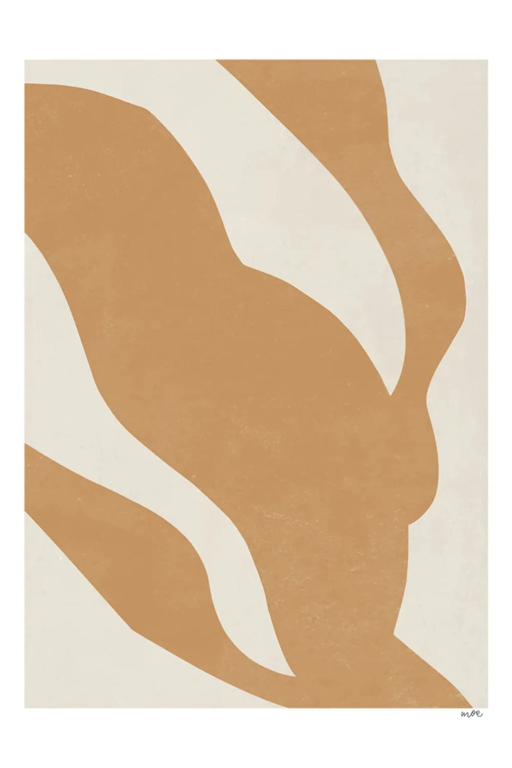 The Poster Club In Motion, a contemporary abstract art print featuring fluid, organic shapes in warm earthy beige and tan tones with a subtle distressed texture, contrasted against a clean creamy off-white background.