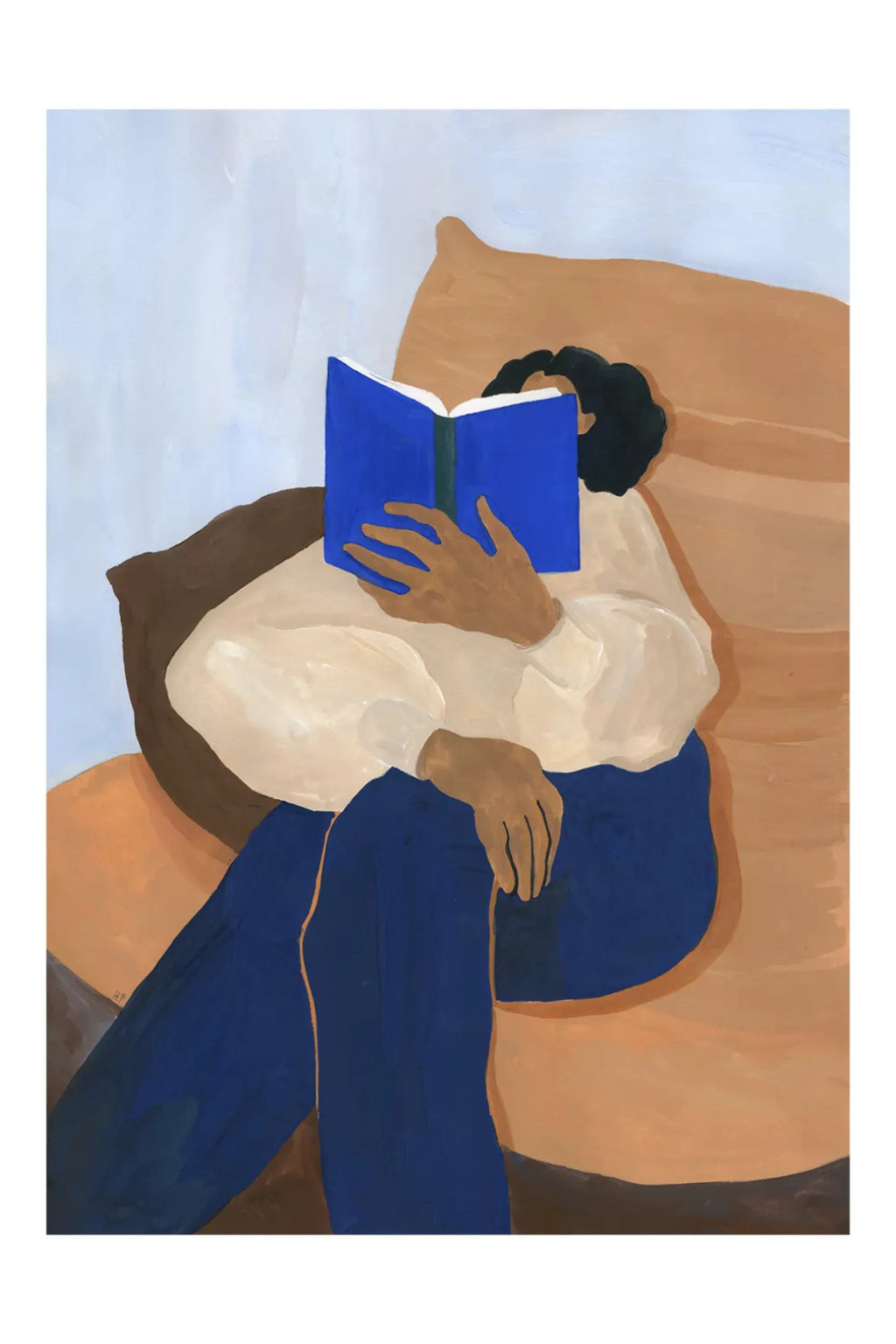 The Poster Club The Togo, a contemporary abstract figurative art print depicting a person with dark hair and skin, wearing a cream shirt and dark blue pants, comfortably seated in a warm brown armchair while reading a vibrant royal blue book.